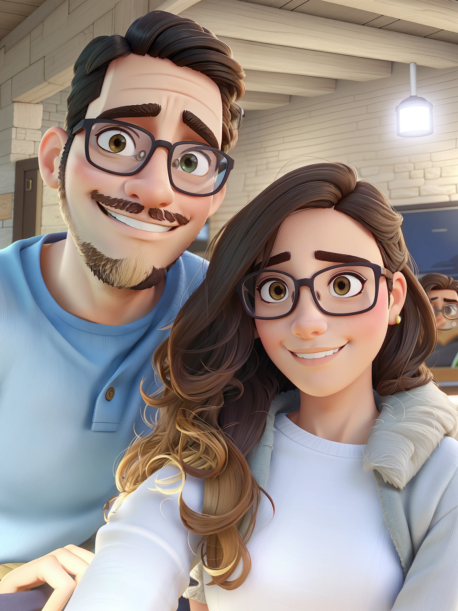 Brunette man with glasses, barba e olhos escuros, mulher morena cabelos bem cacheado moreno iluminado claro, olhos escuros estilo Pixar, melhor qualidade, alta qualidade,MULHER SEM OCULOS