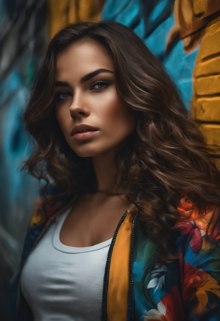 (best quality), master part, extremely detailed uniform CG 8K illustration, alta cor, extremely high color saturation, todas as cores aprofundadas, pintar, arte do grafite, Center Composition, luz e sombra extremamente detalhadas, muro de grafite, parede pintada brilhante, 1 graffiti 1 meninado para a parede, rosto e olhos extremamente detalhados, medium-length hair, Sportswear, nuvens coloridas
