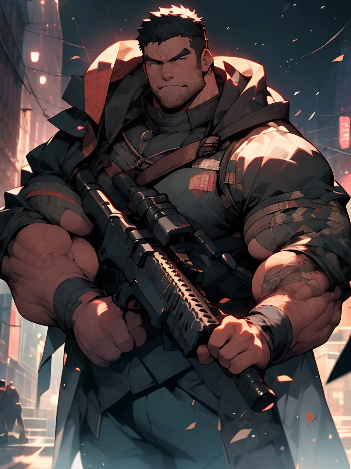 Extremely detailed、Detailed face、Detailed eyes、Detailed hand、view full body、mercenaries、muscular body、Fat(Fat、Fat), dark hair and short beard、Good arm、Good eyes、nightcity、Black clothes with hood、Have an assault rifle(Assault rifles drawn in every detail)