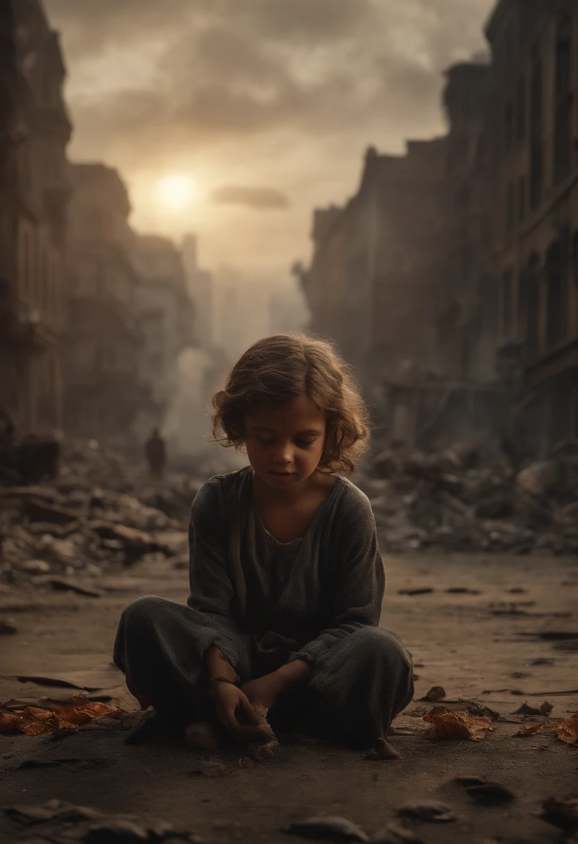"Ultra-realistic depiction of a , Assis avec chagrin, Agonie, ((dried eye drops, Face focused on the camera)), messy, curly hair, Dusty face and cloth,(( A destroyed city in the background, Feu, cadavre humain sur le sol, certaines personnes pleurent, Destroyed building)), Un papillon est assis sur son index, (((Elle regarde le papillon et sourit un peu))), hyper detailed, Couleur dynamique, nuance noire et grise, Super Emotional Image, against a dark and haunting backdrop and surrounded by swirling black smoke. The image must be in a captivating 16:Format 9."