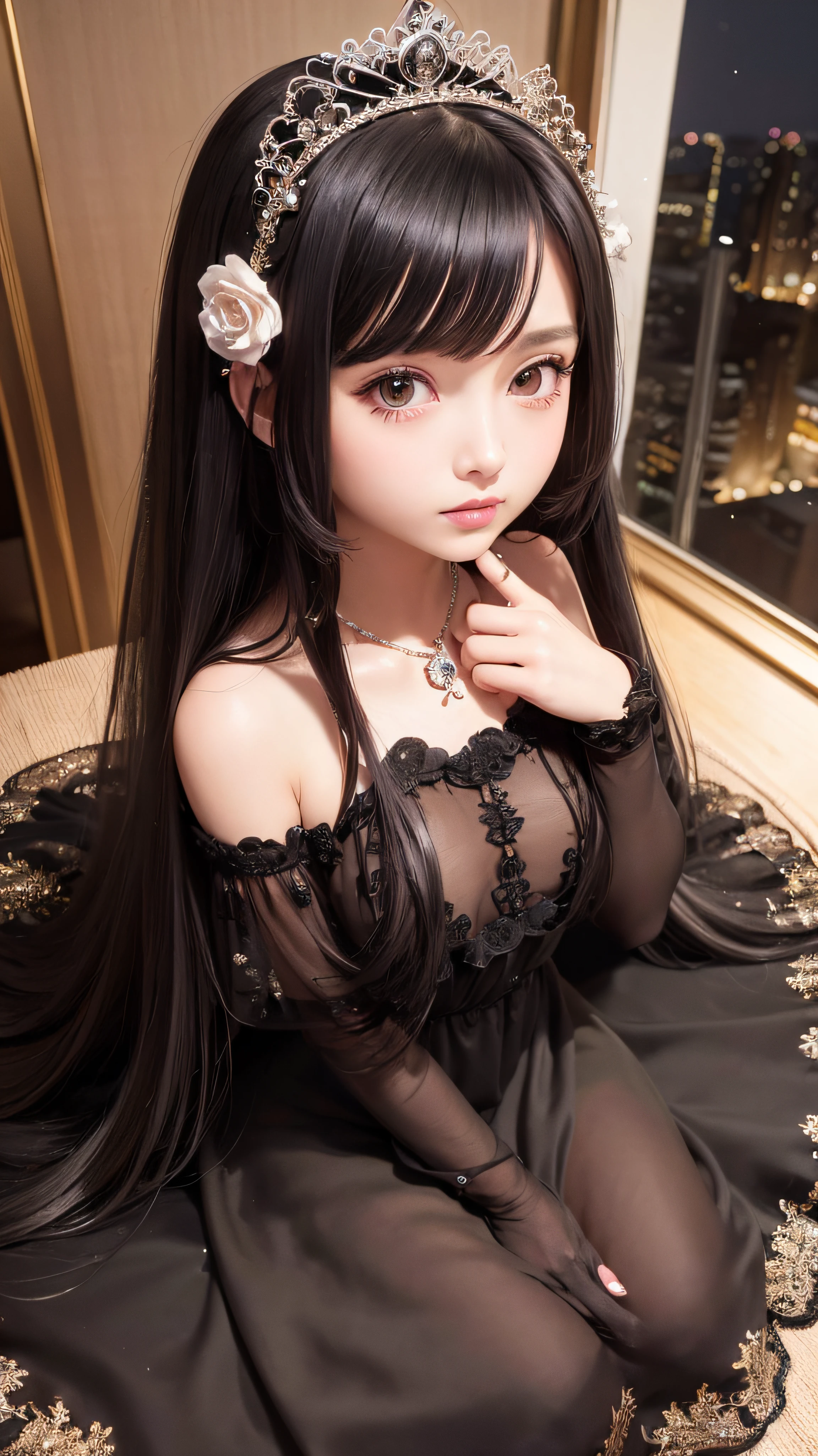 4K ulta hd, masterpiece, 1 girl, good face, very long hair, hair ornament, light makeup, detailed eyes, small round breast, ultra detailed clothes, (black princess dress:1.5), lace:1.5, (shining dress:1.8), strap dress, necklace, jewellery, amazing balcony background, sitting,
