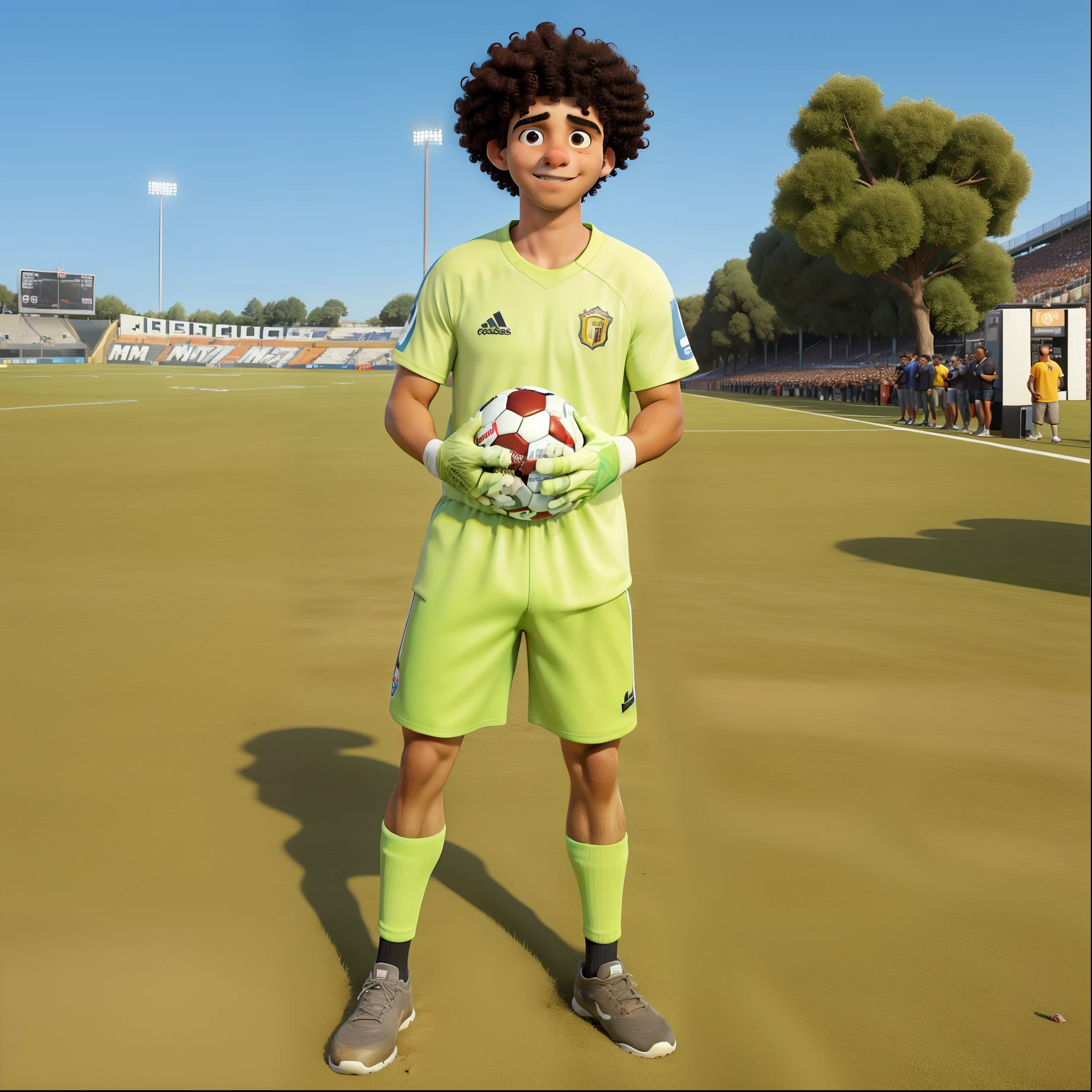 obra-prima, de melhor qualidade. Curly haired boy athlete standing in football stadium with fans and photographers taking photo