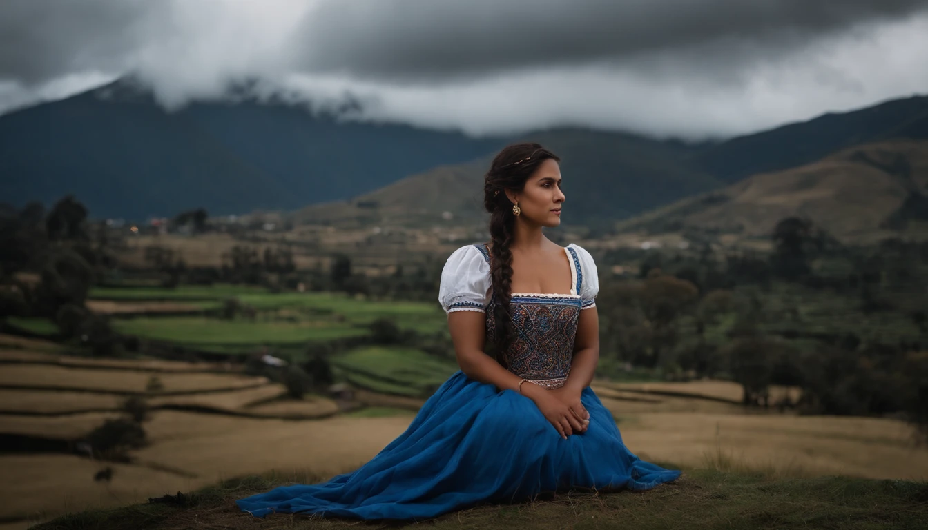 Rainy day at night, una mujer ecuatoriana muy hermosa, What does she pose sitting on a chair in the middle of a traditional square, She is in a model pose with her hands crossed and in the background you can see Ecuadorian snow-capped mountains, lleva un vestido tradicional indigena de OTAVALO y su blusa de color blanco y una falda de color azul intensa, your hair is braided, And dewdrops of dew fall down her cheeks. There's fog surrounding it, alrededor hay flora y fauna de colores luminosos