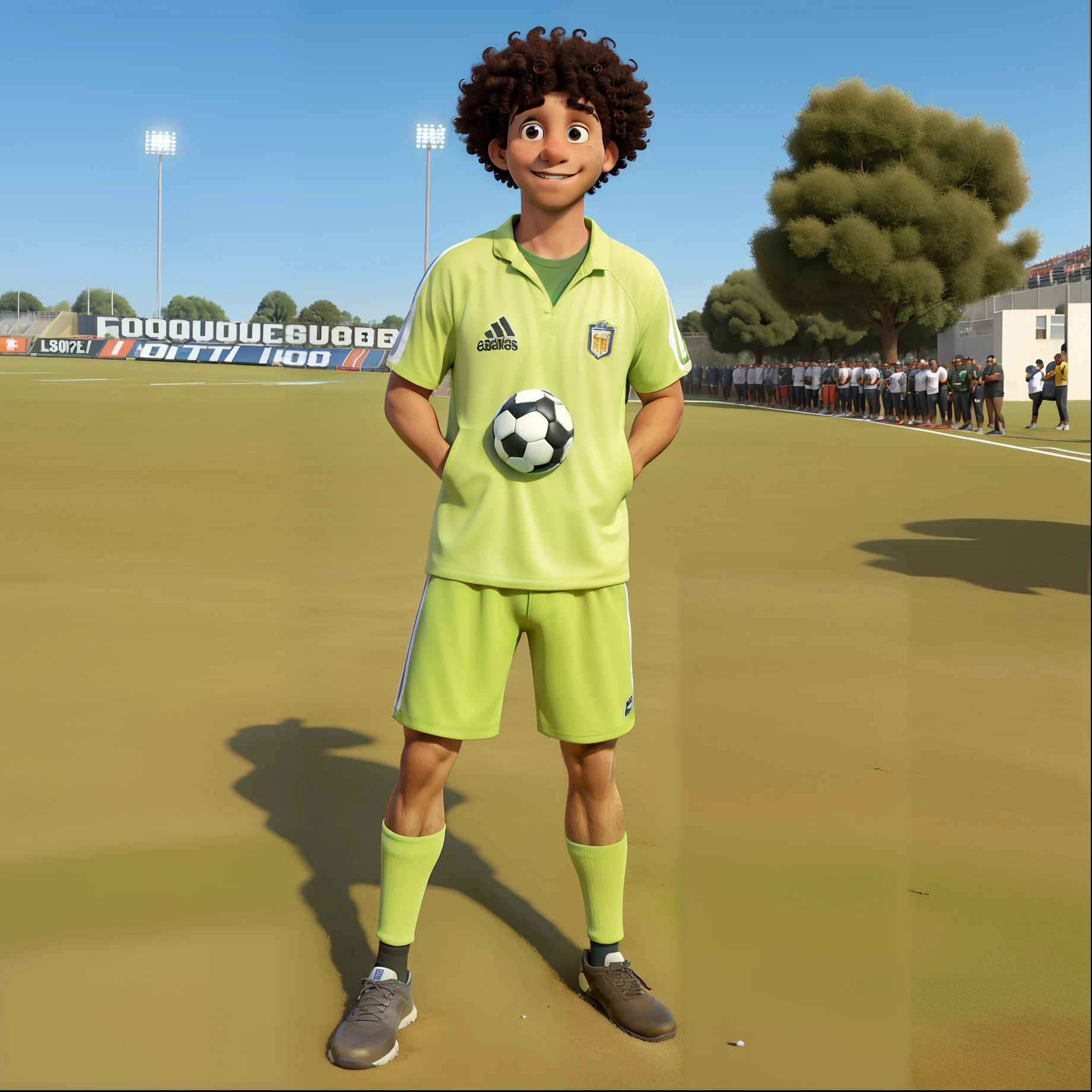 obra-prima, de melhor qualidade. Curly haired boy athlete standing in football stadium with fans and photographers taking photo