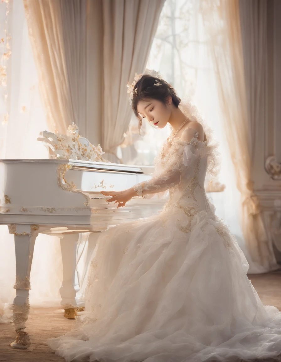 (Romantic light,Ultra-detailed:1.2)White grand piano,Soft focus,Bright scene,Masterpiece:1.2,White tones,Emotions, Emotions,Chinese painting style,Luxury materials,high resolution,Portrait,Classic composition,Piano melody