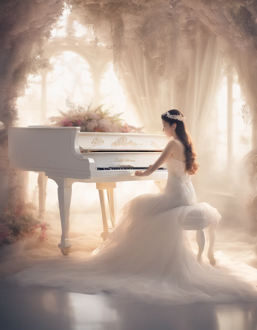 (Romantic light,Ultra-detailed:1.2)White grand piano,Soft focus,Bright scene,Masterpiece:1.2,White tones,Emotions, Emotions,Chinese painting style,Luxury materials,high resolution,Portrait,Classic composition,Piano melody