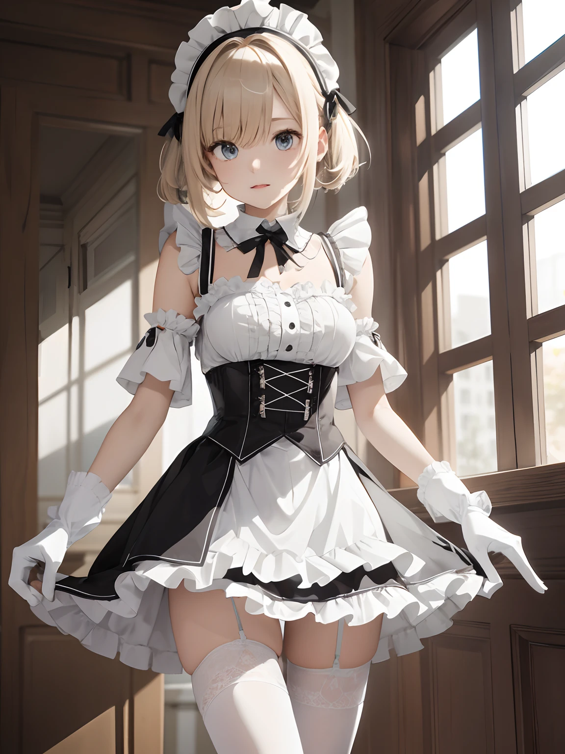 White thigh-high socks with ruffles miniskirt Maid clothes off shoulders Gloves are above the elbow length blondehair Satin Gloves Skirt combing Standing Picture