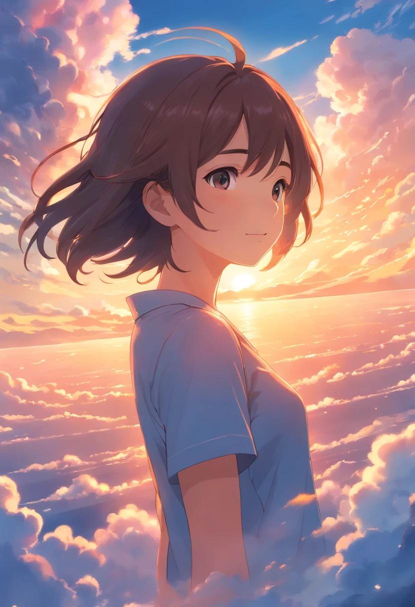 masterpiece, best quality, movie still, 1girl, cloud girl, floating in the sky, close-up, bright, happy, warm soft lighting, sunset, (sparks:0.7)