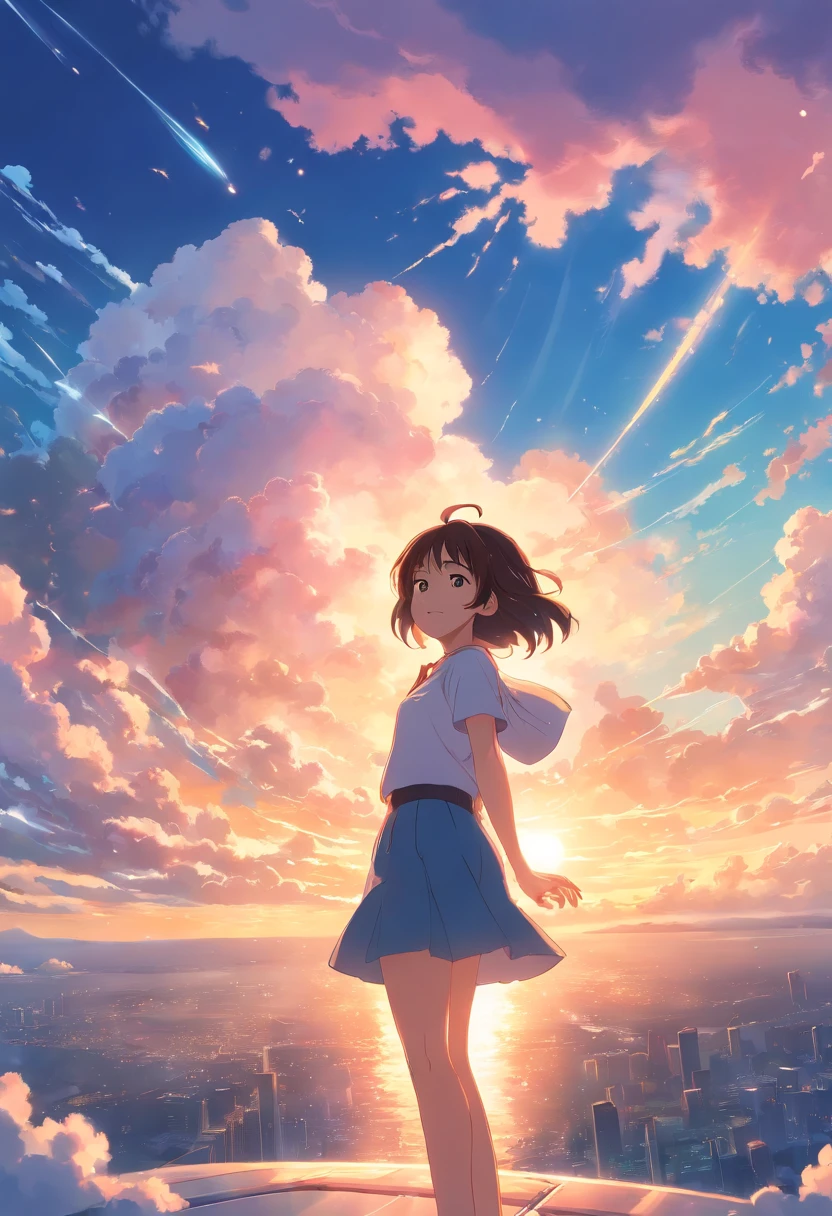 masterpiece, best quality, movie still, 1girl, cloud girl, floating in the sky, close-up, bright, happy, warm soft lighting, sunset, (sparks:0.7)
