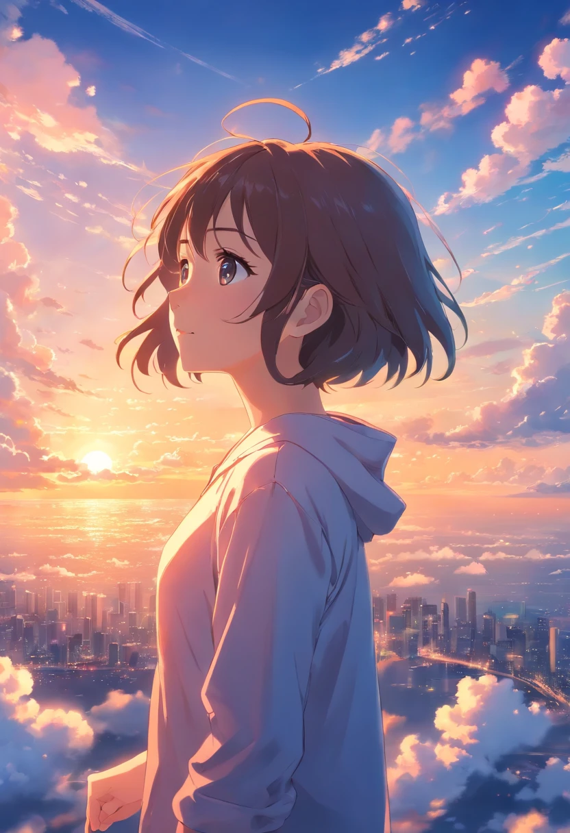 masterpiece, best quality, movie still, 1girl, cloud girl, floating in the sky, close-up, bright, happy, warm soft lighting, sunset, (sparks:0.7)