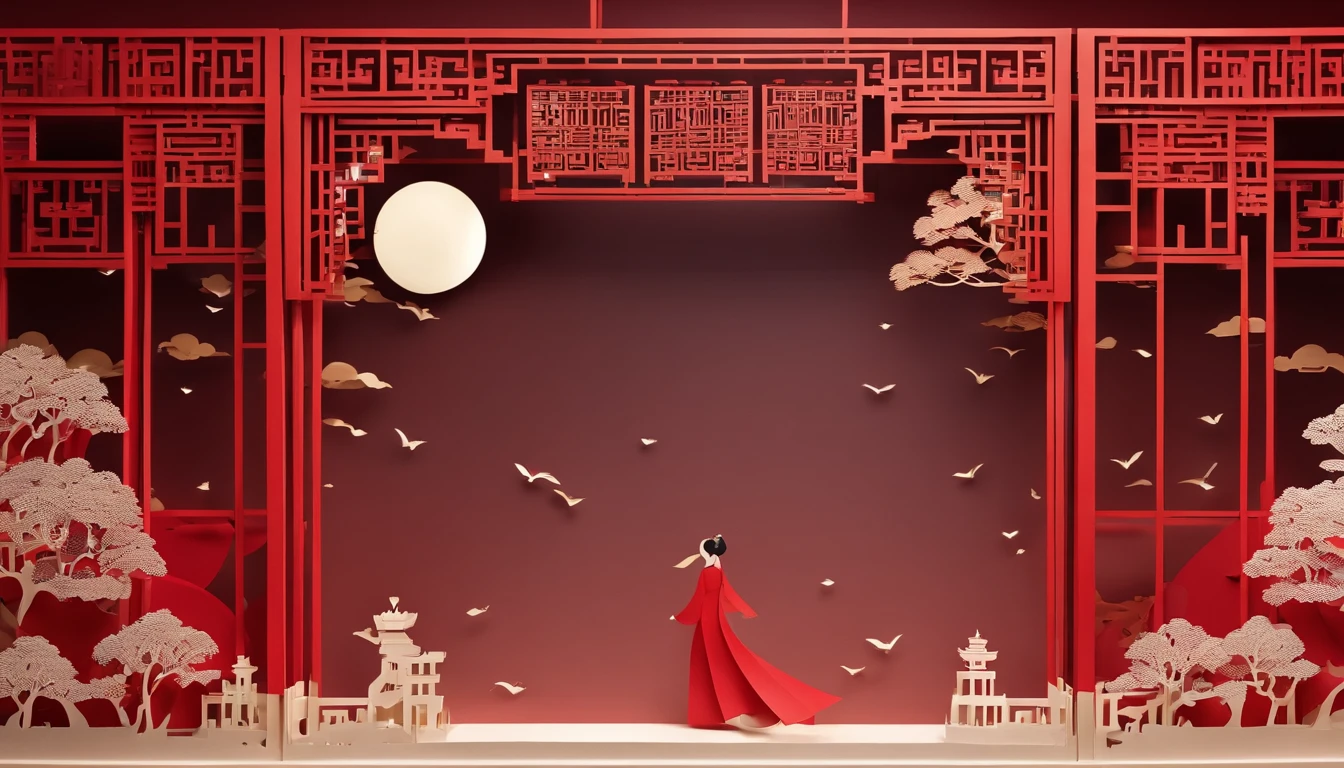 Flat Paper Cutout,Red background。(Best Quality,4K,8K,hight resolution,masutepiece:1.2),Ultra-detailed,Realistic:1.37,Traditional Chinese Art Style,Moonlit landscape,Moonlight silhouette art,Cut Paper Art,Layer effects,Projected shadows,Paper cutouts with intricate details,smooth lines,Harmonious colors,Celebrating the Mid-Autumn Festival,Girl staring at the moon,Chinese cultural elements,Enigmatic atmosphere,High contrast between light and shadow.