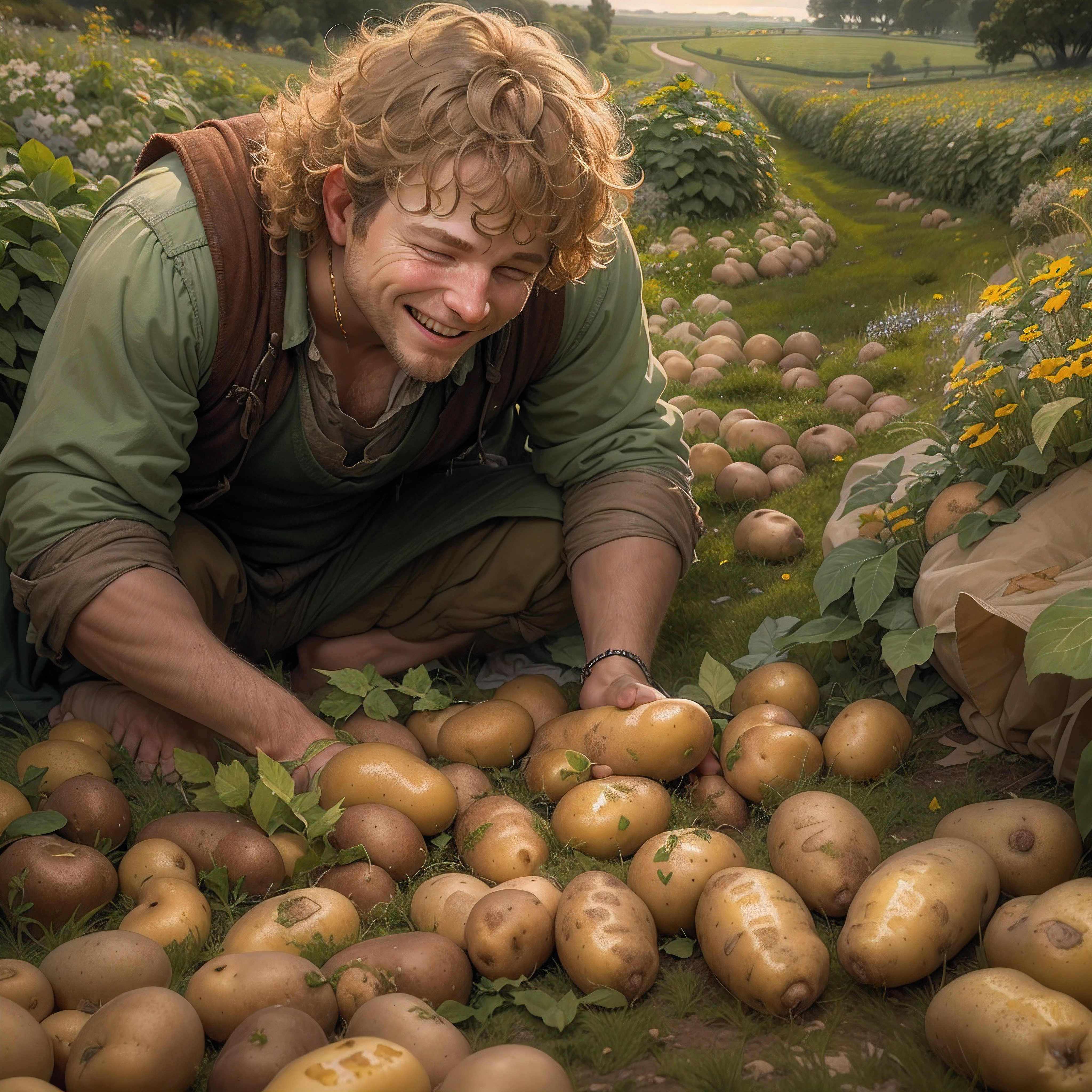 Samwise Gamgee sighed contentedly as he looked out over the large field of potatoes. The potatoes were plump and ripe, their skins a healthy brown. Sam breathed in deeply, inhaling the earthy scent of the potato plants. This was his favorite time of year, when the potato crop was nearly ready for harvest.
Samwise grabbed a basket and stepped eagerly into the rows of potato plants. He kneeled down and started gathering potatoes, placing them gently in his basket. With each potato he picked, Sam marveled at their size and quality.
"These are the best taters I've seen in years!" Sam exclaimed. Once his basket was full, instead of taking it back to the cart, Samwise unexpectedly tipped the basket over and spilled the potatoes out onto the dirt. He then flung himself onto the pile of potatoes and began rolling around happily, squishing and squashing the potatoes beneath him.
"Ah this feels wonderful!" Sam cried out with glee. The potatoes were cool and soft against his skin. Sam rolled to and fro, thoroughly coating himself in potato mush. He looked positively blissful as the mashed potatoes oozed between his toes and clung to his curly hair. Sam continued wiggling and rolling on the potatoes until he was thoroughly satisfied.
Finally, Samwise stood up, covered from head to toe in potato puree and bits of potato skin. He licked some of the potato off his hands and sighed contentedly.
"Nothing quite like a good potato roll," Sam declared, grinning at his day spent frolicking with his beloved potatoes.