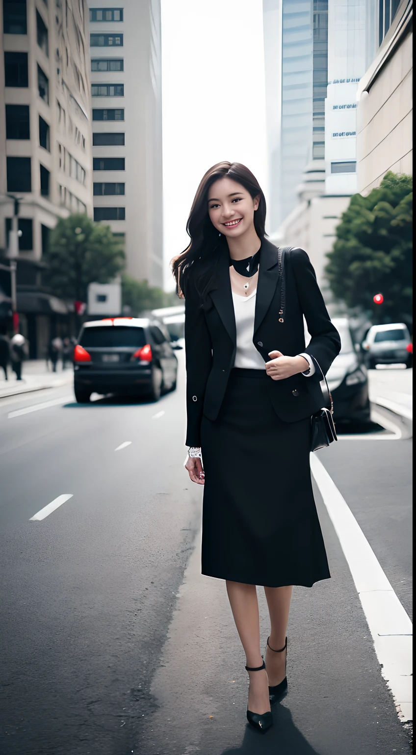 (masterpiece, Best Quality, photorealistic, ultra-detailed, finely detailed, high resolution, 8K wallpaper), 1 beautiful woman, ((full body)), in business suit, black skirt, black messy hair, perfect dynamic composition, beautiful detailed eyes, smiling happily, like a fashion magazine cover work, in the street,traffic jam
