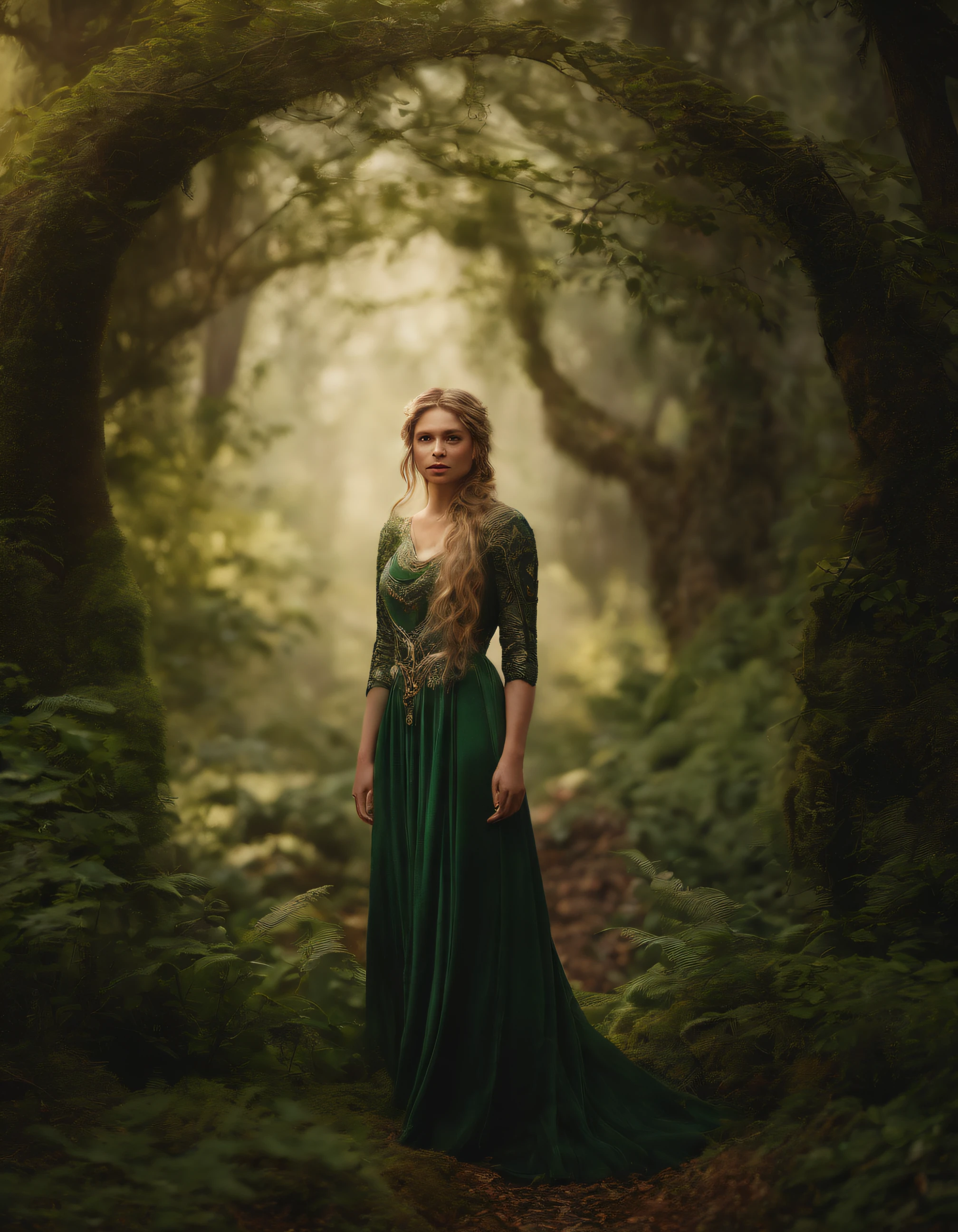 3d render, cgi, symetrical, octane render, 35mm, intricate details, hdr, intricate details, hyperdetailed, natural skin texture, hyperrealism, sharp, 1 girl, woman, (elven:0.6), portrait, looking up, solo, (full body:0.6), detailed background, brown eyes, light blonde textured hair, detailed face, robin hood, dynamic pose, medieval fantasy setting, high fantasy, green leather clothes, capelet, puch, straps, belt, serene forest, bushes, ivy, roots, moss, falling leaves, flowers, birds, feathers, sunshine, mist