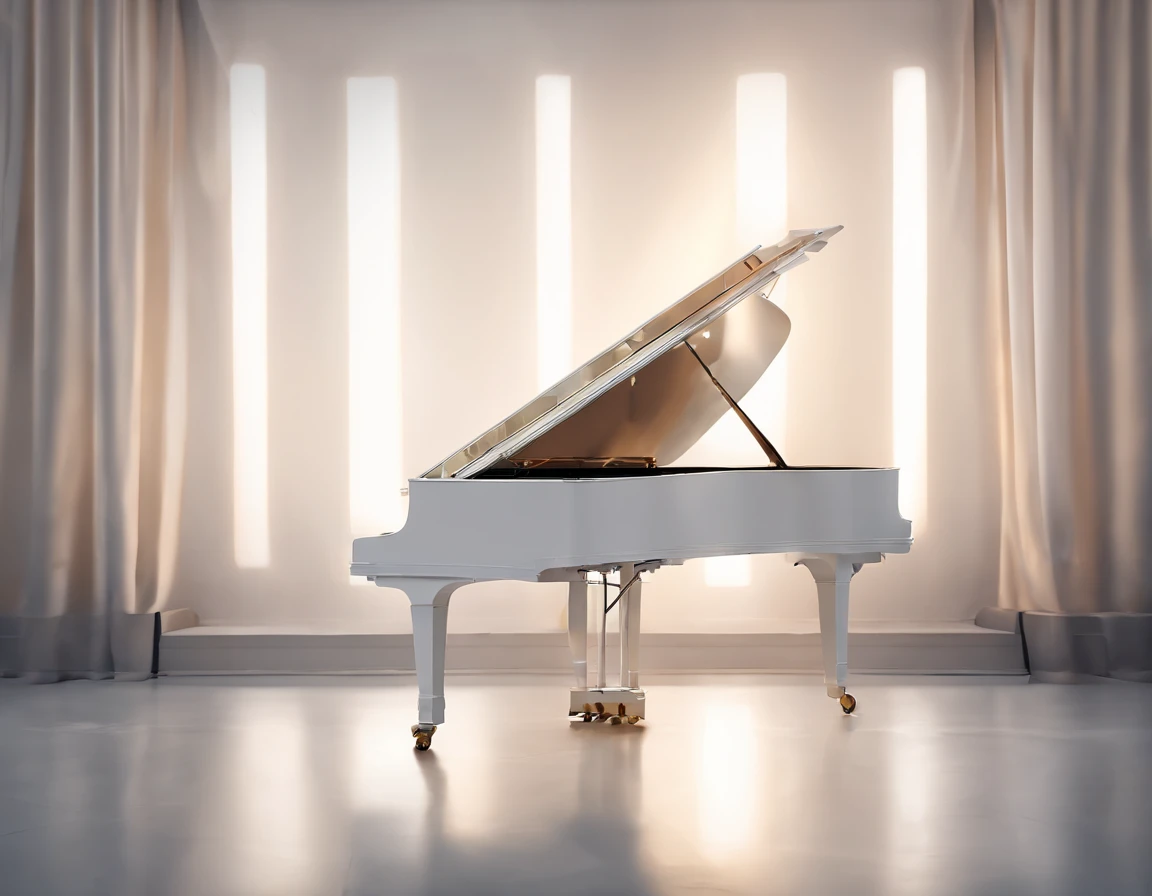 (Romantic light,Ultra-detailed:1.2)White grand piano,Soft focus,Bright scene,Masterpiece:1.2,White tones,Emotions, Emotions,Chinese painting style,Luxury materials,high resolution,Portrait,Classic composition,Piano melody