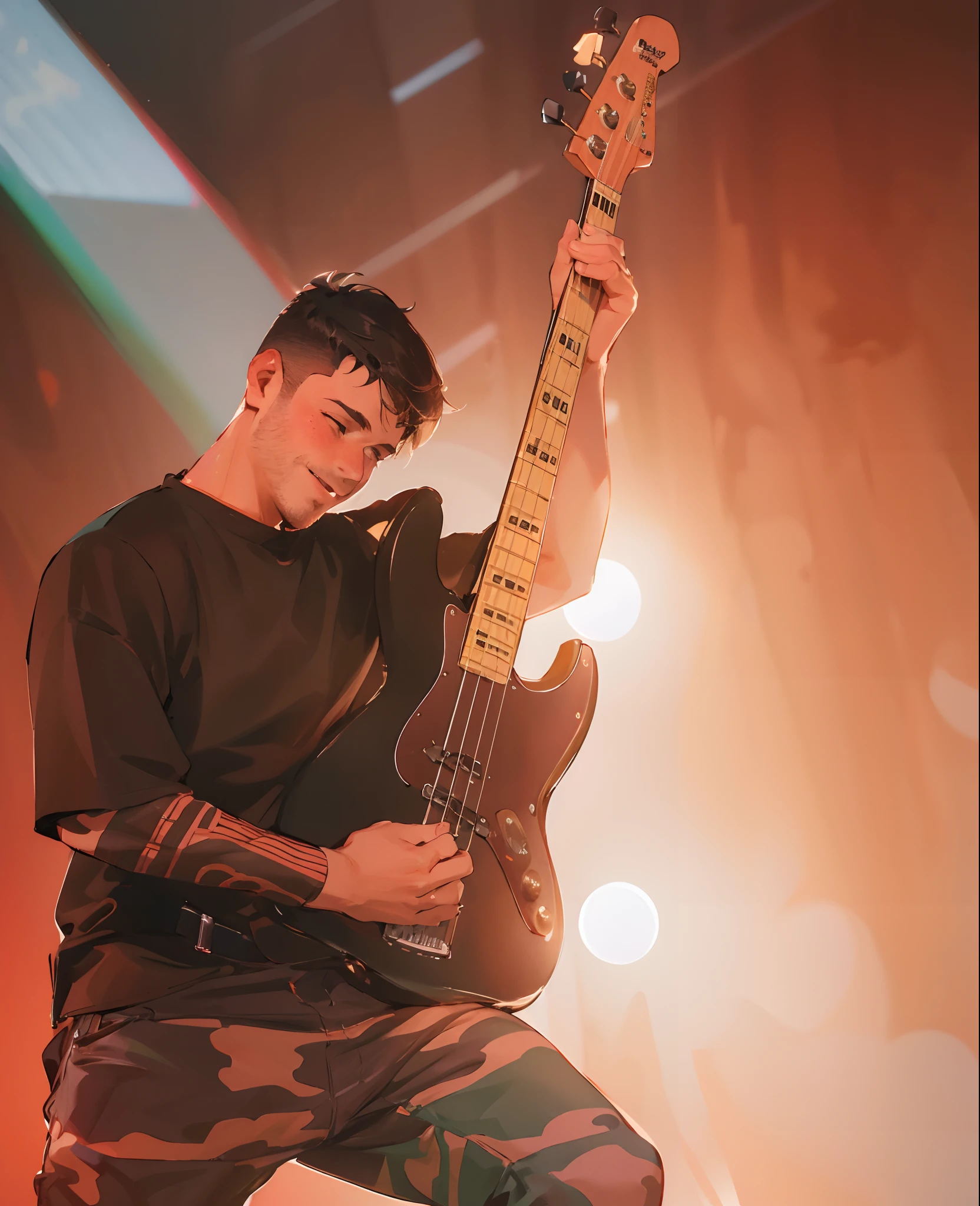 Man in camouflage pants holding a bass on stage, tocando guitarra no palco, fotografia de concertos, Declan McKenna, Fotografia de concerto ao vivo, baixista, rocking out, holding an electric guitar, holding a electric guitar, Sul, holding Electric Guitar, foto do concerto, miles johnstone, holding electric guitars, Joel Fletcher, Apresentando-se no palco, Josh Preto, zac retz