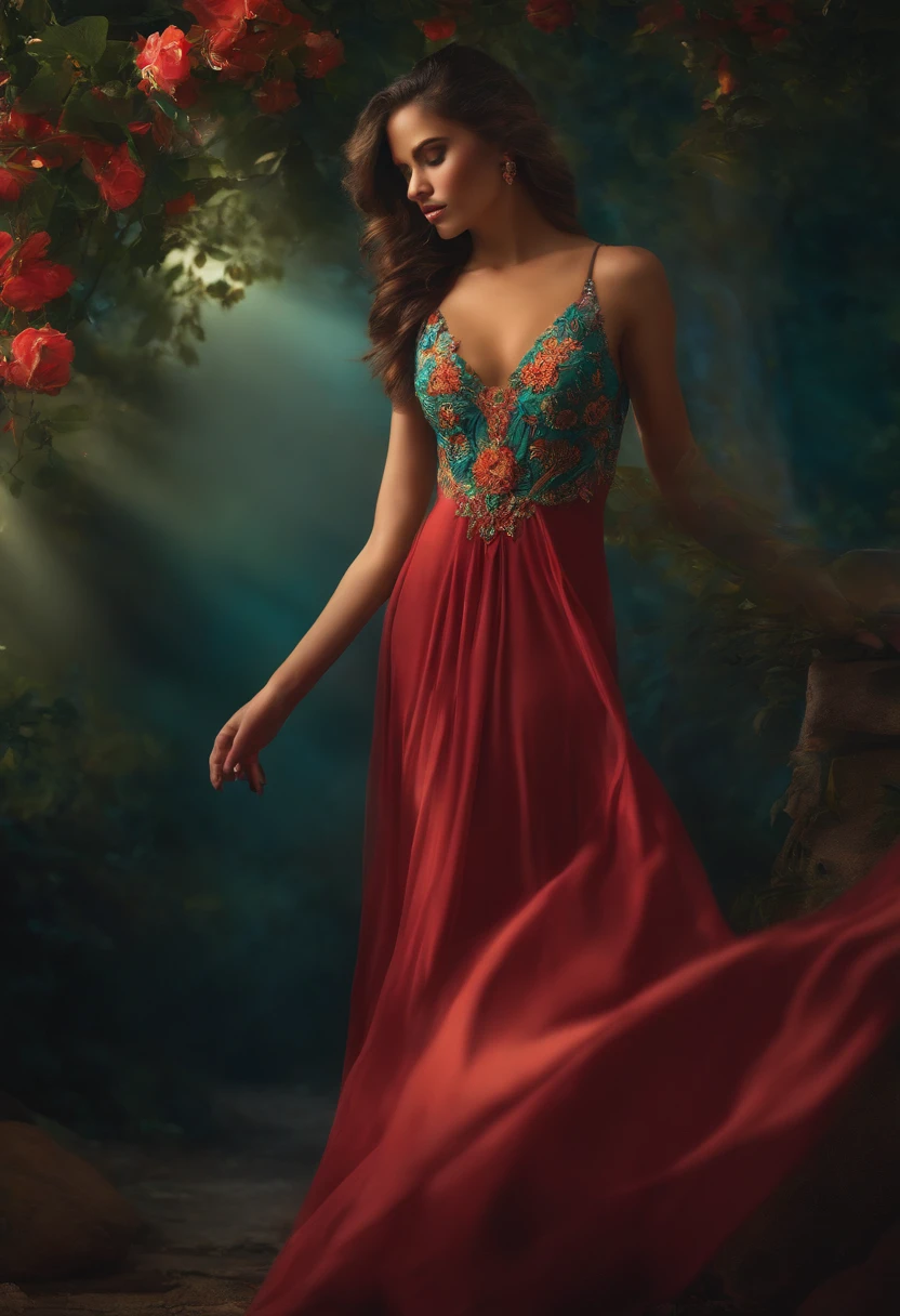 1 girl "Gal Gadot in a long burgundy dress", paint: A charming work of art depicting a girl dressed in silk., By a mystical pond, surrounded by turbulent and