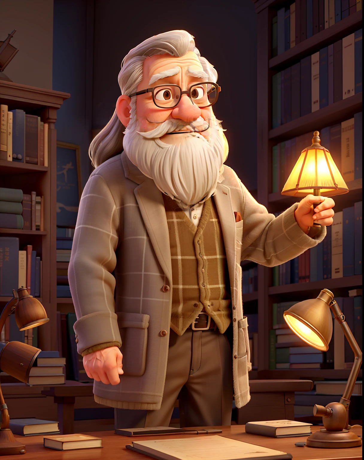 A wise old man standing in front (standing against a wooden bookshelf), illuminated by the light of a lamp, against the backdrop of a library (with tall bookshelves filled with ancient books). (best quality, highres:1.2), ultra-detailed, realistic:1.37, HDR, vivid colors, sharp focus, professional, studio lighting, bokeh, portraits, medium:oil painting, aged texture, the man has long gray hair and a long white beard, and he is wearing a tweed jacket and glasses, the light from the lamp casts warm golden hues on his face and the surrounding books, the library is dimly lit with soft lighting, creating a mysterious and serene atmosphere.
