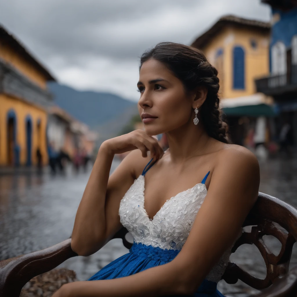 Rainy day at night, una mujer ecuatoriana muy hermosa, What does she pose sitting on a chair in the middle of a traditional square??, She is in a model pose with her hands crossed and in the background you can see the snow-capped Ecuadorians, lleva un vestido tradicional indigena de OTAVALO y su blusa de color blanco y una falda de color azul intensa, Your hair is braided, And dewdrops fall down her cheeks. Hay niebla a su alrededor, alrededor hay flora y fauna de colores luminosos
