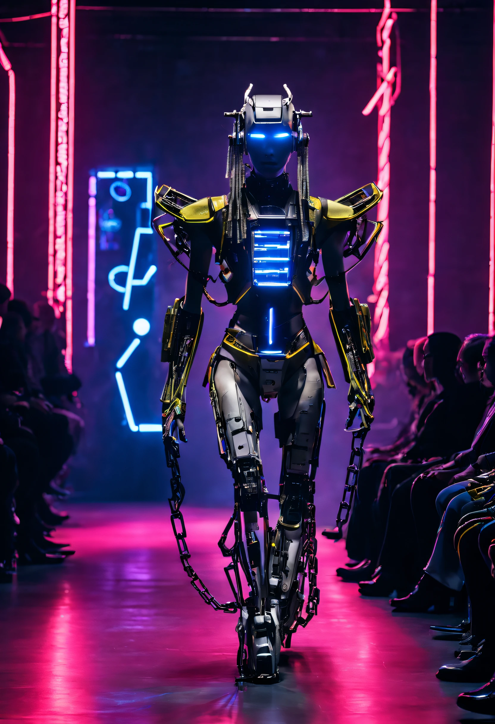 A cyberpunk-inspired runway where humanoid robots, each bound by delicate chains, gracefully showcase their advanced forms in a powerful statement about the complex relationship between technology and society. Taking place in a neon-lit, dystopian world, this artistic display highlights the need for human connection in a future dominated by mechanical beings.