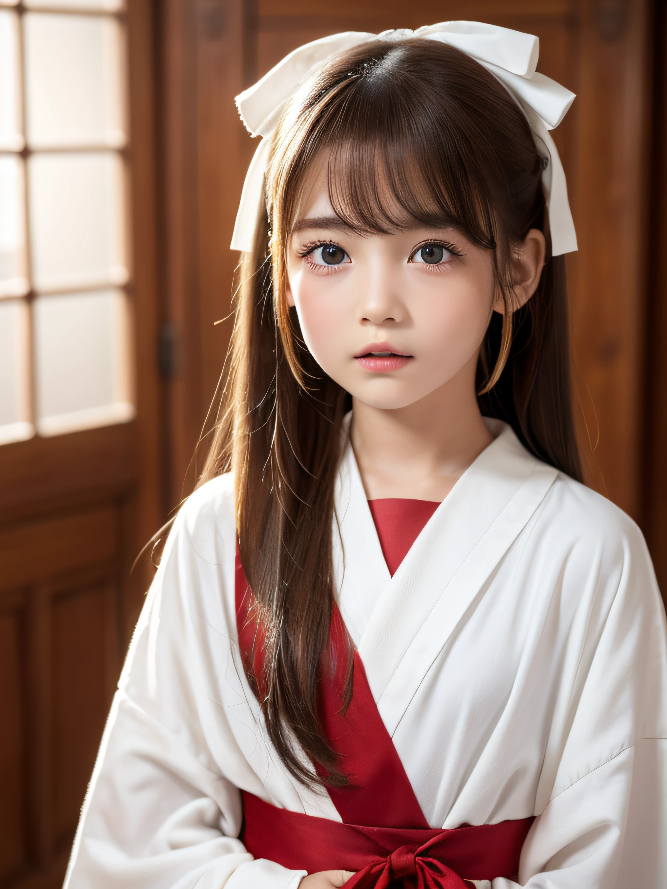  of life、brown haired、light skinned、realisitic、Long hair pierced with a red ribbon、bright brown eyes、robe blanche、8k picture、Realistic human skin、Real Childhooges、