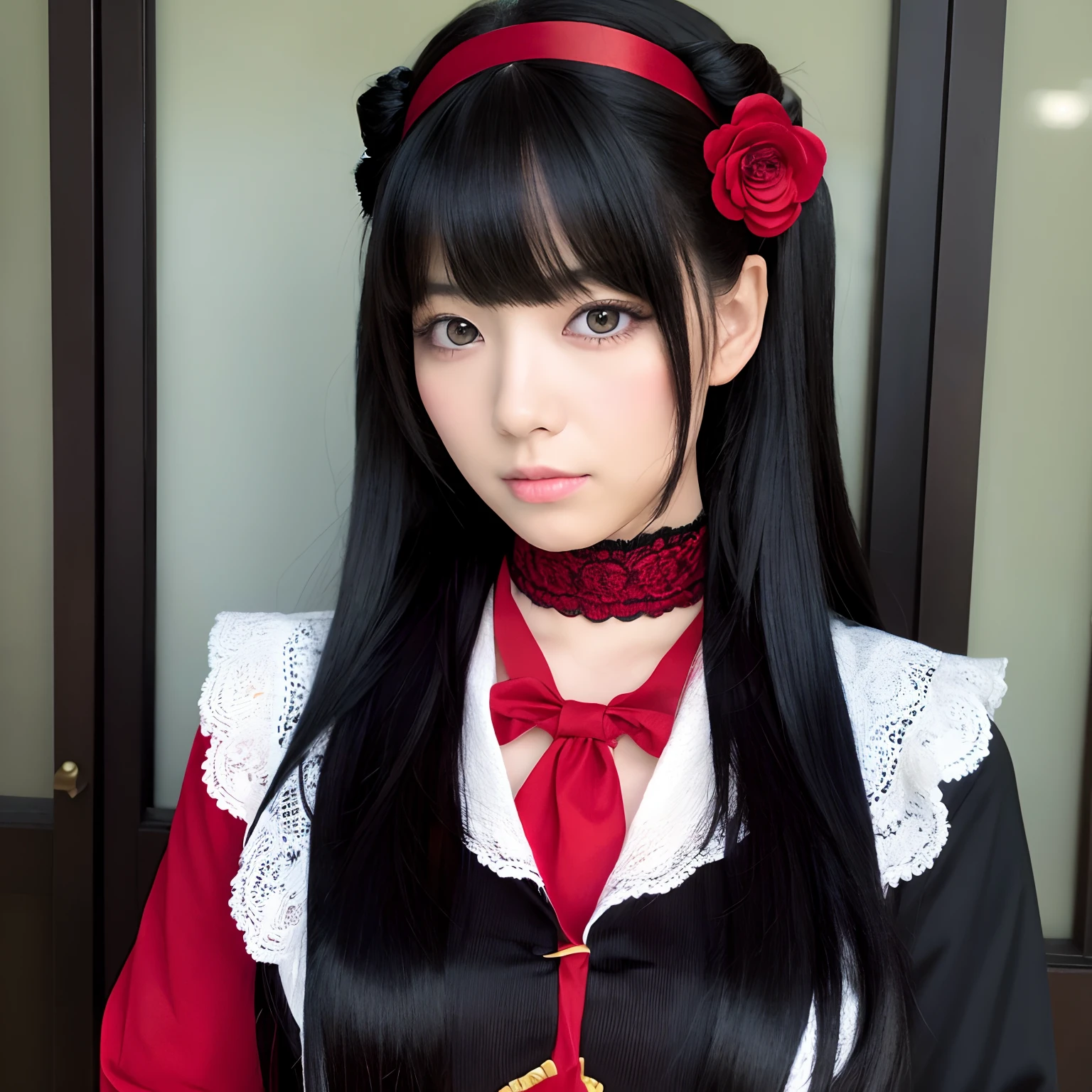 Maki Goto、Woman with long black hair、Red Eyes、Black butler's attire、Fine hair one by one、disheveled hair、Beautuful Women、