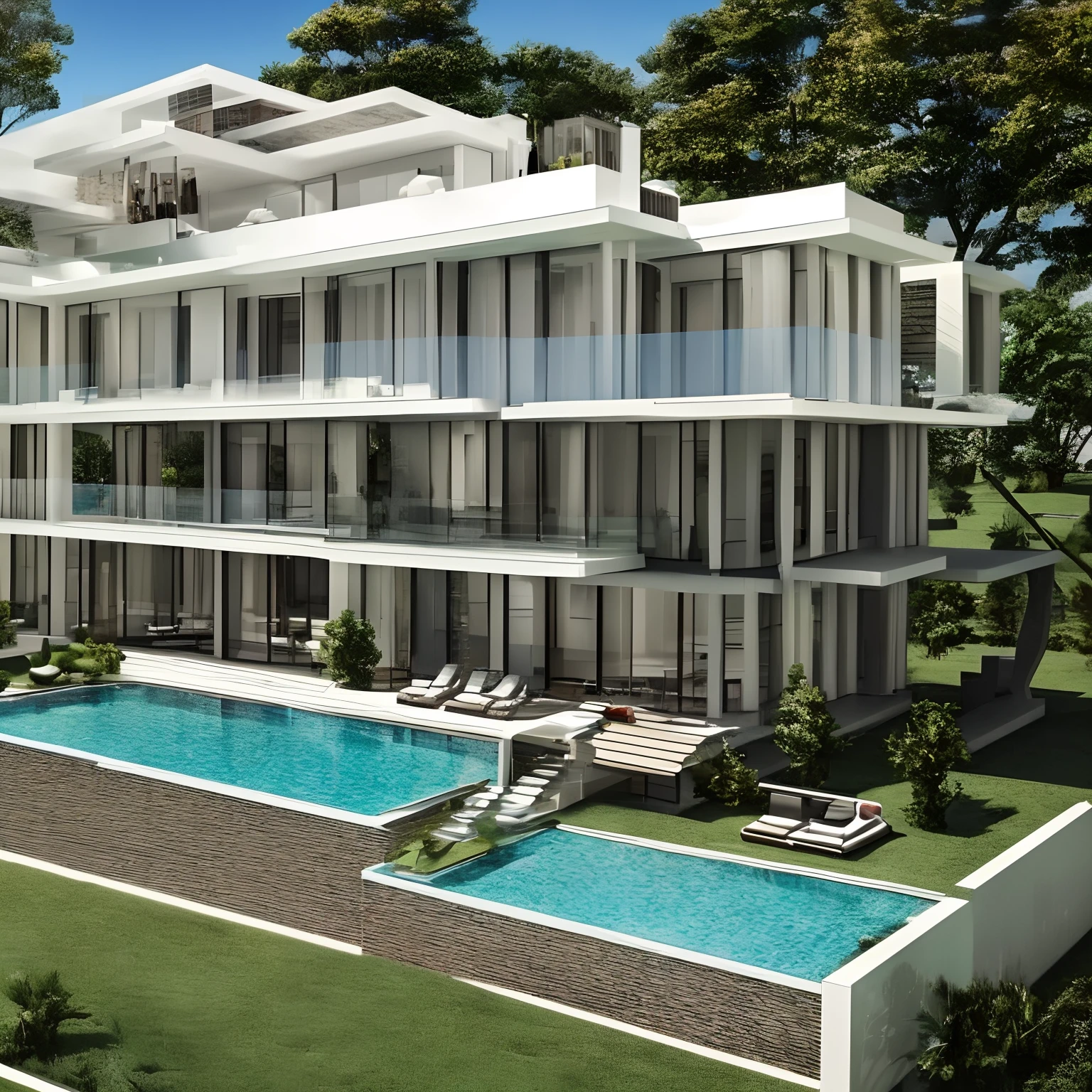 Modern Luxury Mansion with pool of different models with different materials hyper realistic super detailed Dynamic shooting Centerpiece Scene Three points Perspective Camera view Hyper realistic Super Detailed Materials