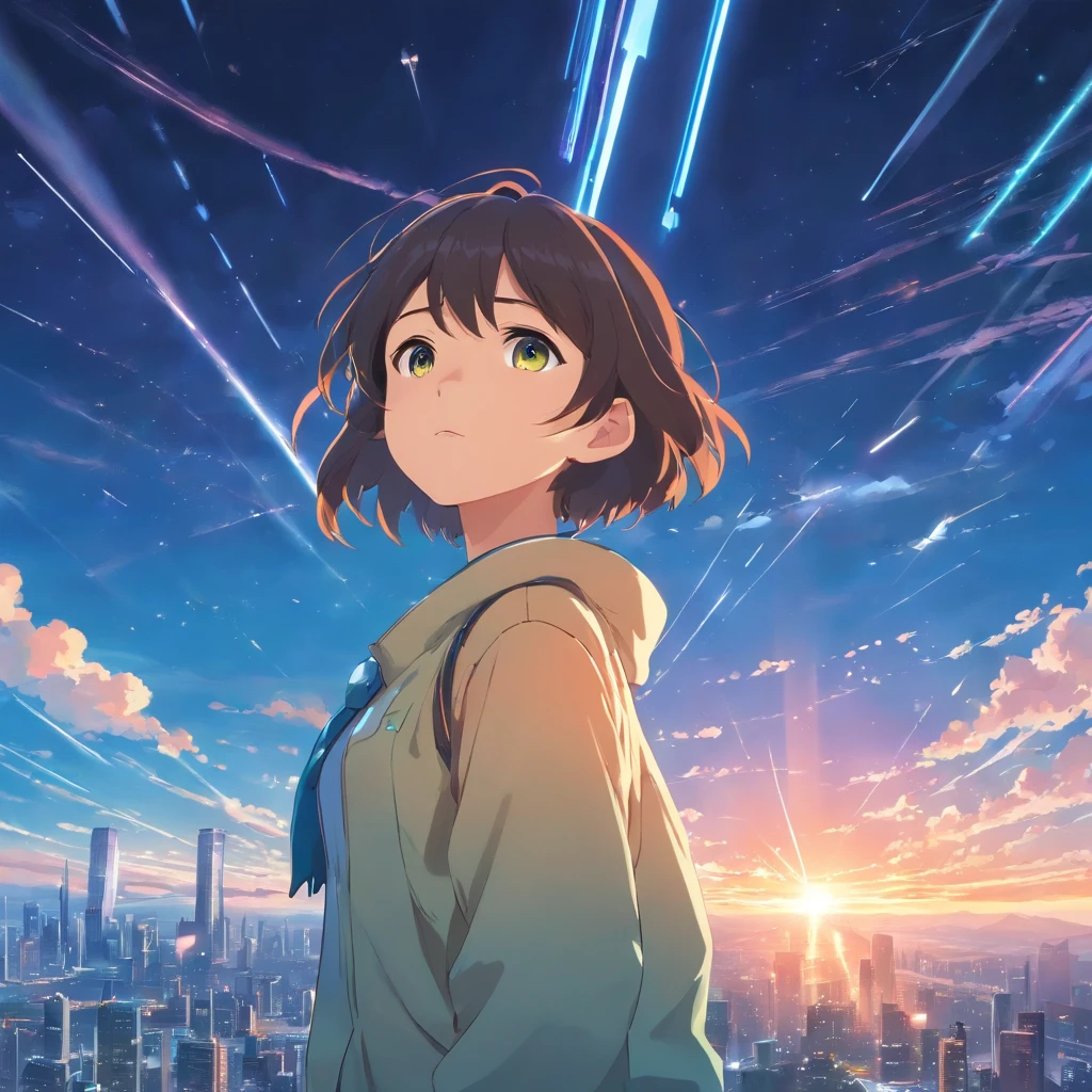 View of the masterpiece,best qualtiy,cinematic Film still from,1个Giant Breast Girl,Glide through the skies,close up,Bright and brilliant,Joyful,Walden Warm Light,Sunset,(spark of light:0.7),Futuristic world style。