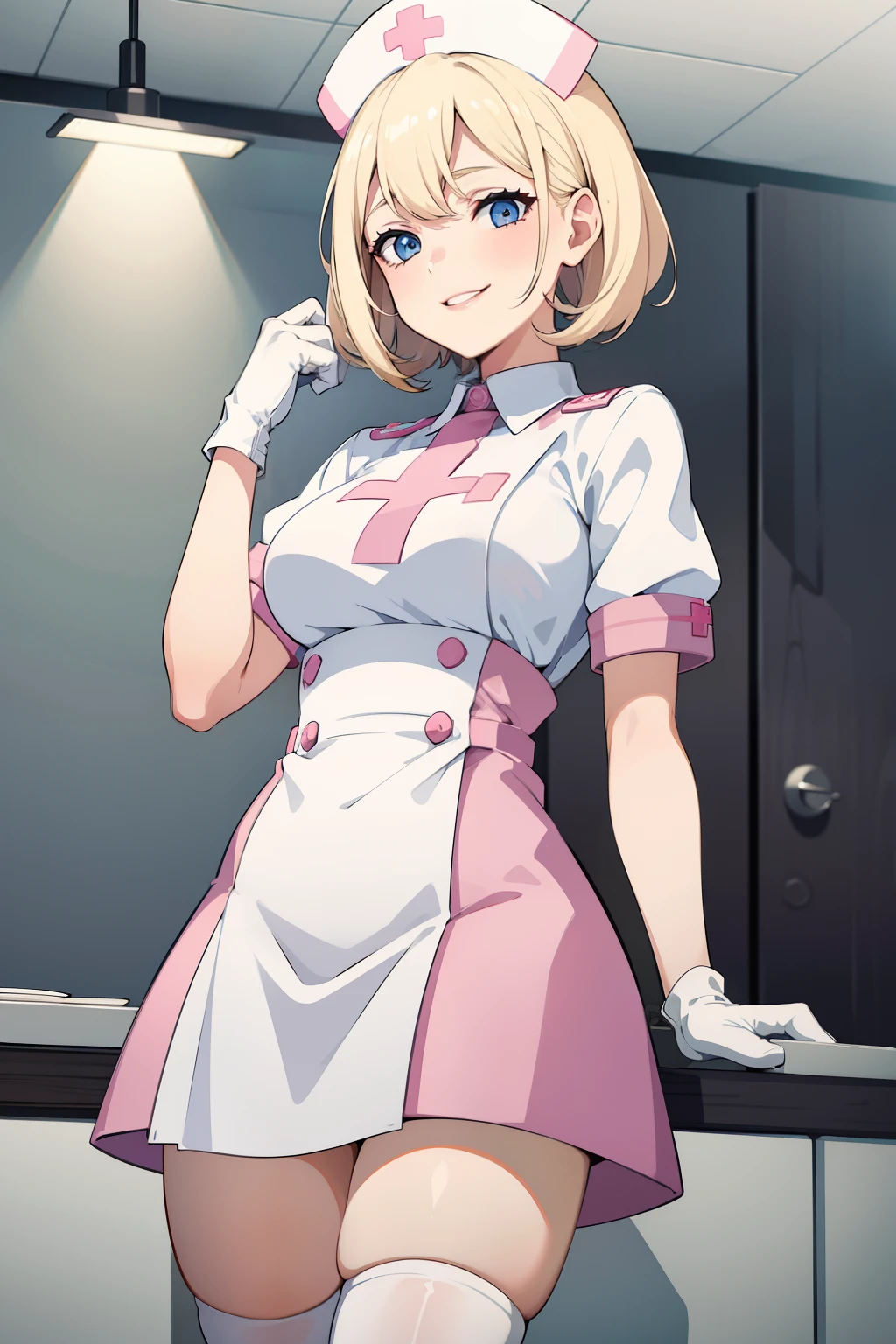 1woman, solo, nurse, nurse cap, white wear, ((white legwear, zettai ryouiki)), white gloves, blonde hair, blue eyes, pink lips, smile, standing, ((hospital room)), sharp outline, short sleeves, mature female, 35 years old, best quality, masterpiece