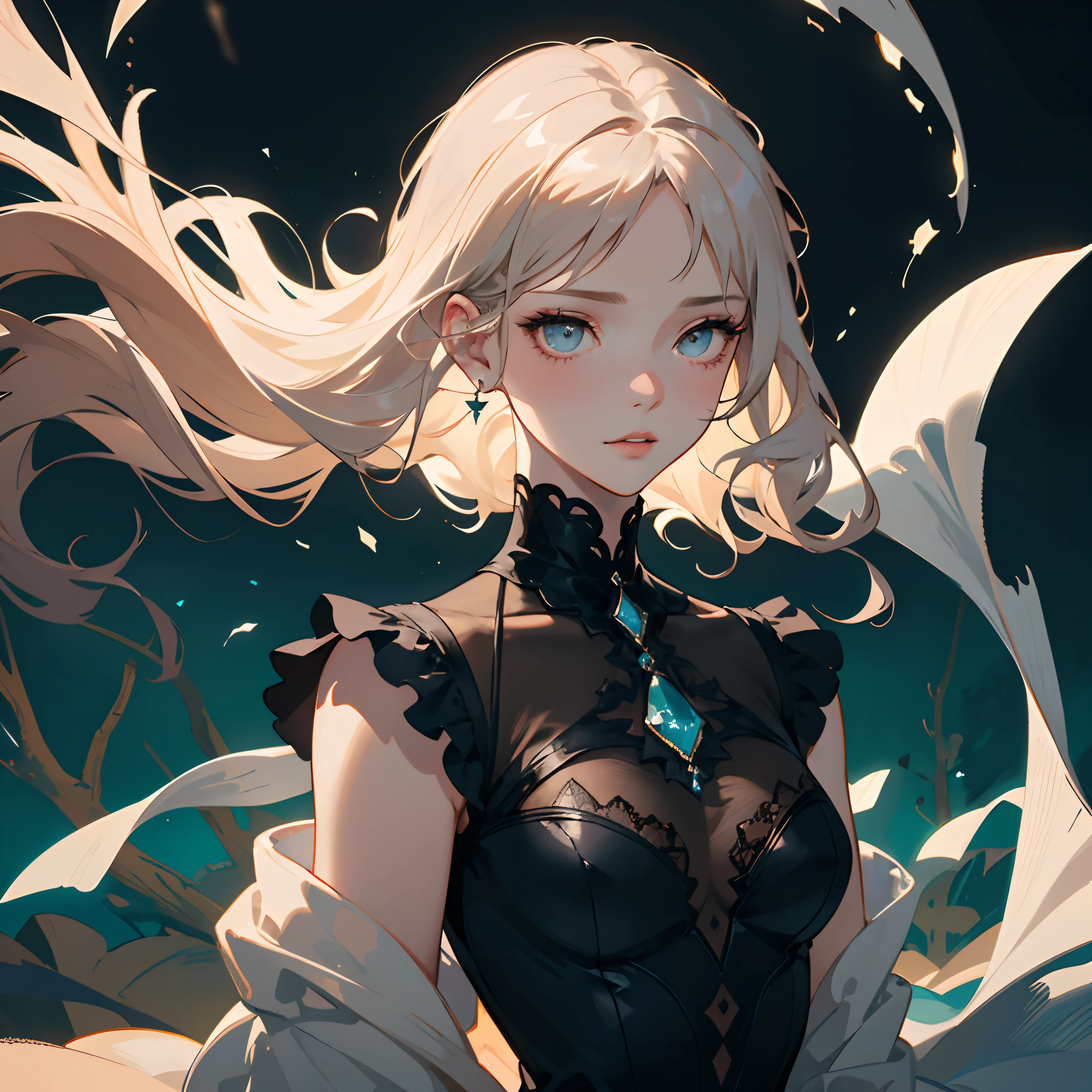 A woman with long blonde hair and blue eyes in a black dress - SeaArt AI