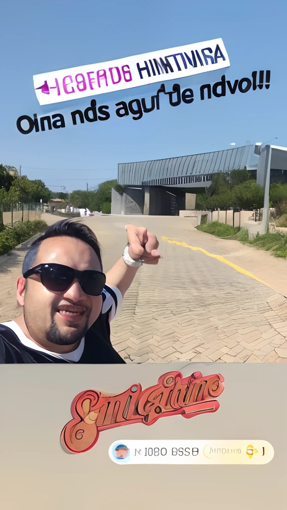 Man in sunglasses pointing at something with a sign in the background, Olivia de Bernardinis, Directed by: Oton Gliha, instagram story, inspirado em Nathan Oliveira, instagram, Nick Silva, soy fan de quino, Malika Favre, no instagram, Foto realista, Pablo Oliveira, joe alves, 🌻🎹🎼