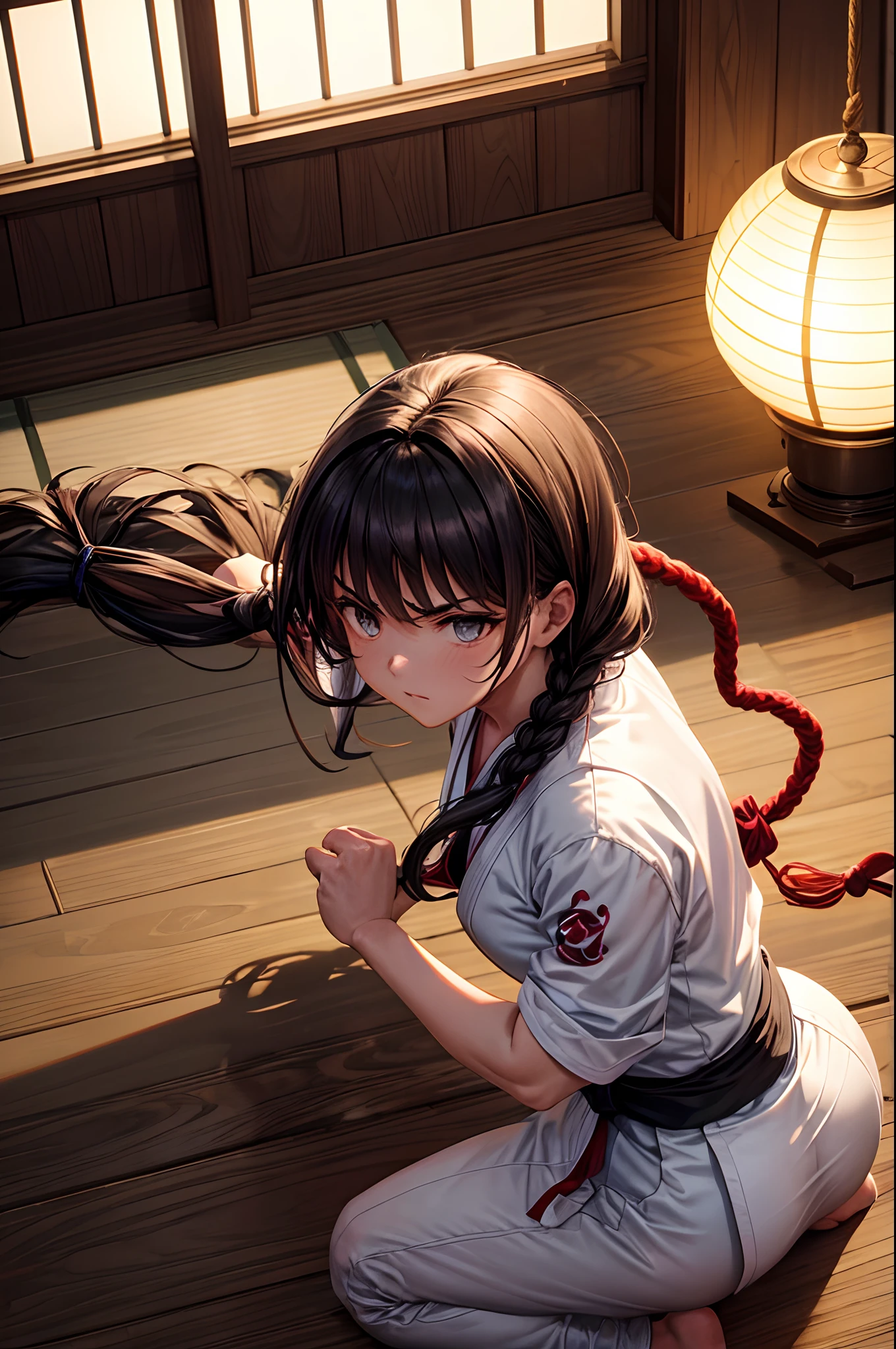 "A dynamic scene in a traditional Japanese dojo. A karate fighter, with impeccable posture, demonstra sua destreza marcial. Ela usa um quimono branco com uma faixa preta, The knots tightly tied. Her muscles are tense as she delivers a perfect punch, Handles in a firm position. The environment is illuminated by Japanese lanterns, Casting Dramatic Shadows on Polished Wood Flooring. The determined gaze of the fighter and the serenity of the dojo create an impactful and authentic image."