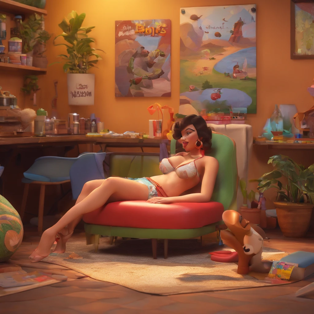 create a 3D movie poster inspired by Disney Pixar, The scene should be in Pixar's signature digital art style, com uma imagem caricatural que lembra a cantora brasileira "Anita" in the prone position, Wearing a bikini while a tattoo artist is sitting tattooing with a giant ring on one hand, inside a tattoo parlor.