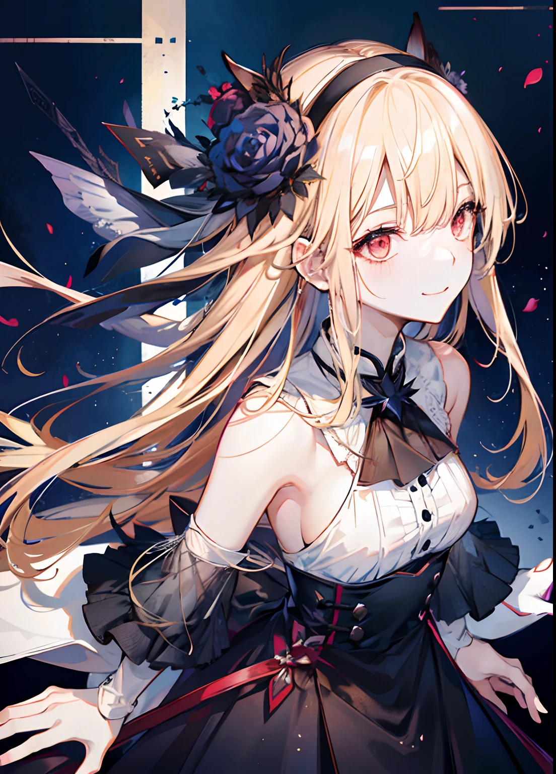 女の子1人、独奏、length hair、piano、Red Eyes、doress、Black Dress、Luxurious dresses、Black tights、Light blonde hair、Particles of light、mournful smile、Stand in front of the piano in the hall、Stand in front of the piano、spot light、Rose Motif Dress、bangss、Piano Headrest、Tilt of the neck、Black roses、beatiful detailed eyes、细致背景、crow、Black plumage、piano、Black Rose、Glass