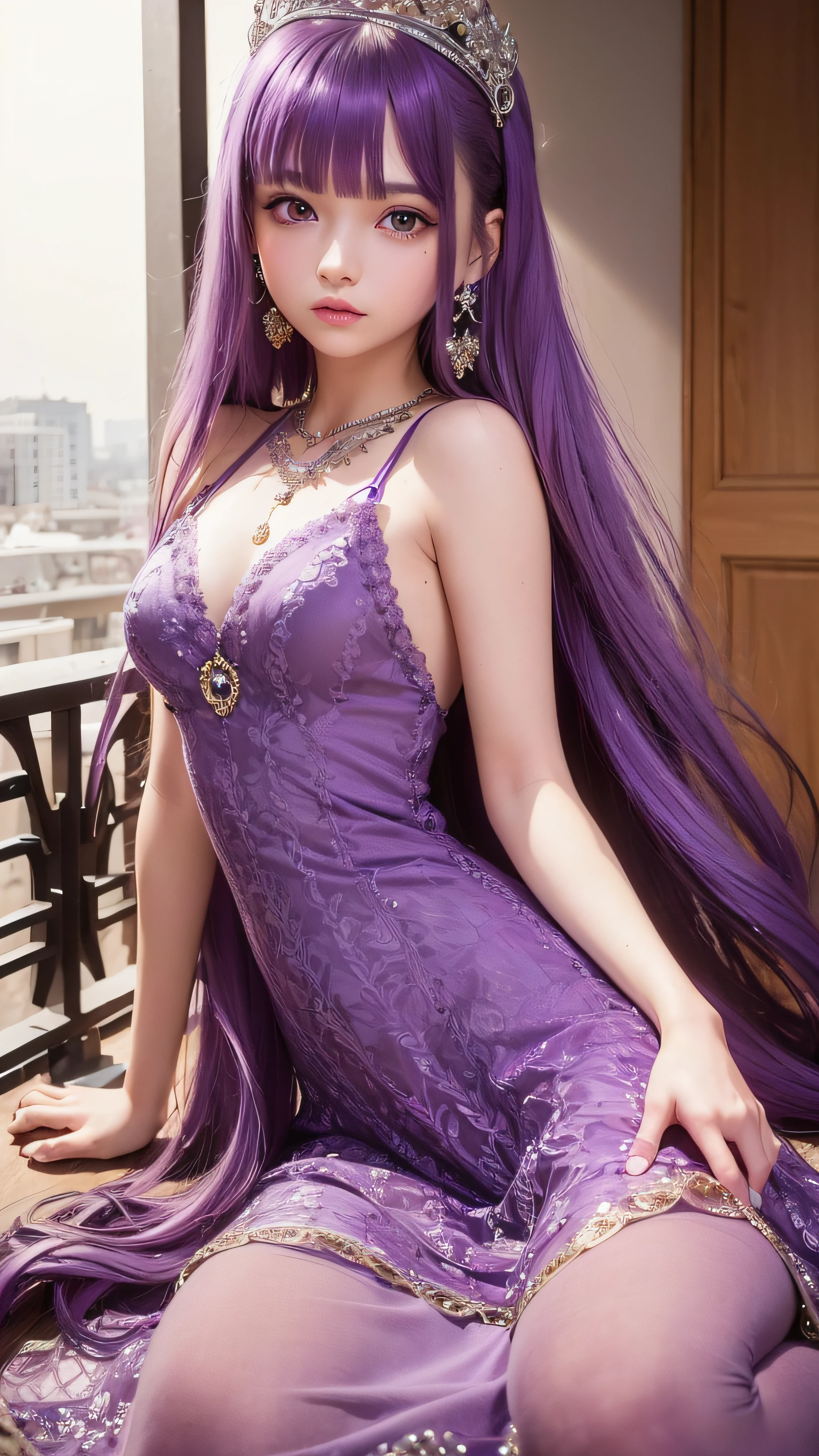 4K ulta hd, masterpiece, 1 girl, good face, very long hair, hair ornament, light makeup, detailed eyes, small round breast, ultra detailed clothes,  (purple princess dress:1.5), lace:1.5, (shining dress:1.8), strap dress, necklace, jewellery, amazing balcony background, sitting,