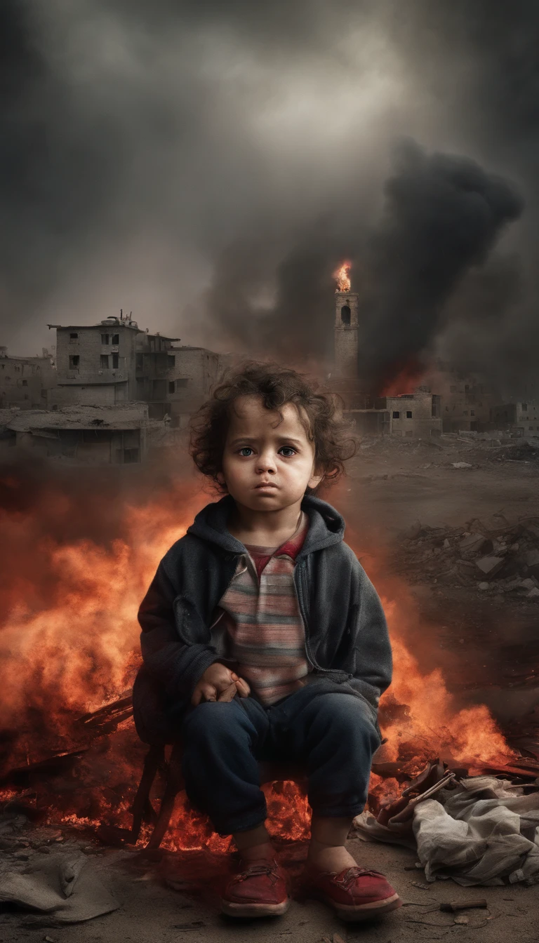 A surreal depiction of a , Sit sadly, in pain, (eyes shedding tears, The face is focused on the camera), A sense of disorder, a Palestinian, Curly hair, Dusty face and fabric, (A city in the background is destroyed by fire, Human body on the ground, Some people are crying, Demolished buildings), Ultra-detailed, Vibrant colors, Black and gray shades, Highly emotional imagery, Surrounded by swirling red smoke against a dark and haunting backdrop. (palestine flag, palestina)