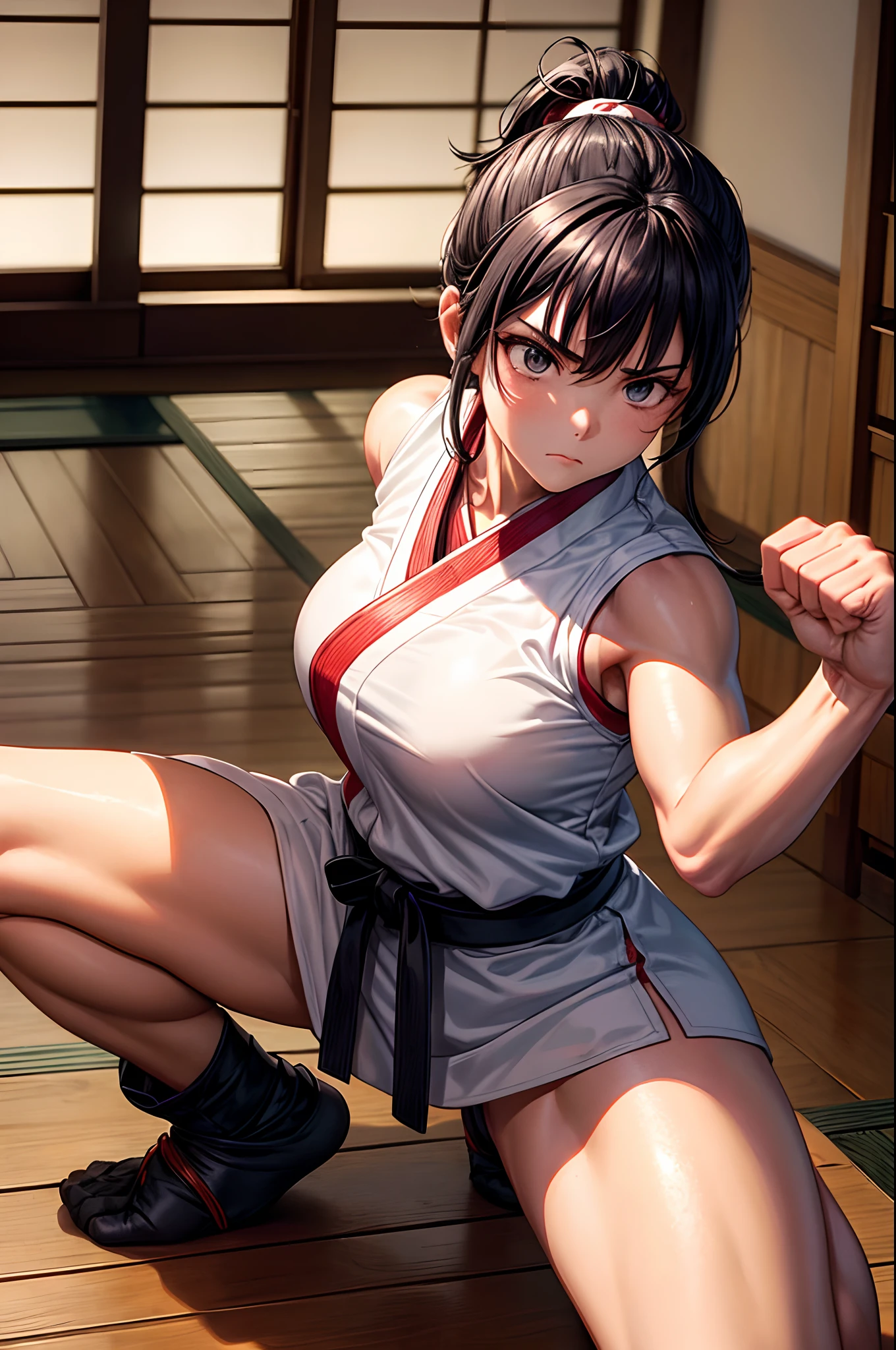 Akane Tendo, (Ranma 1/2 anime), sexy girl, poderosa, traje sexy de karate color blanco, cinta negra, YOUNG, skynny body, small and beautiful buttocks, toned abdomen, small and beautiful breasts, obscene, sensual, esta en el dojo de artes marciales, dramatic background, patada al aire, esta entrenando karate, sensual look, cuerpo completo, beautiful brown eyes, classic hairstyle,Hair dyed in bright blue color, best quality,4k,8k,A high resolution,masterpiece,ultra detailed,Realistic, Photorealistic,photo realistic