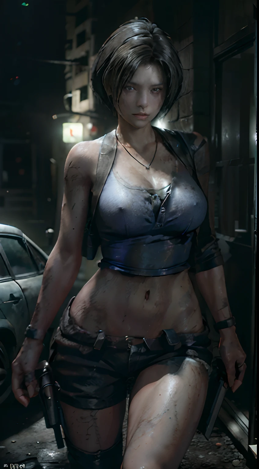 photorealistic, high resolution,full body view, showing clevage wearing bikini 1women, mature female, solo, hips up, black hair, short hair, blue bikini, necklace,Jill Valentine - Resident Evil Series, background full of zombies crowd