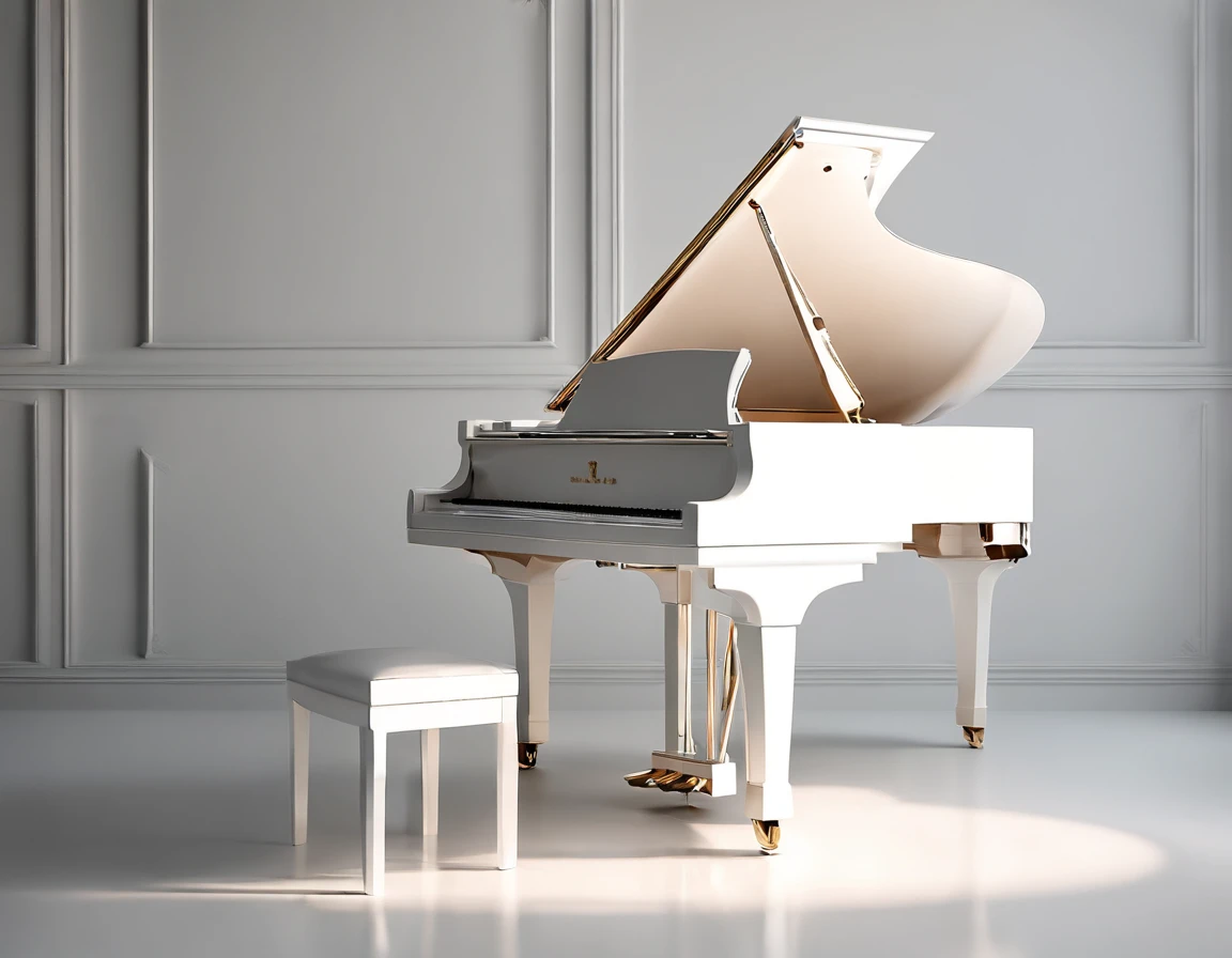 (Romantic light,Ultra-detailed:1.2)Close-up of a white grand piano,Soft focus,Bright scene,Masterpiece:1.2,White tones,Emotions, Emotions,Chinese painting style,Luxury materials,high resolution,Portrait,Classic composition,Piano melody