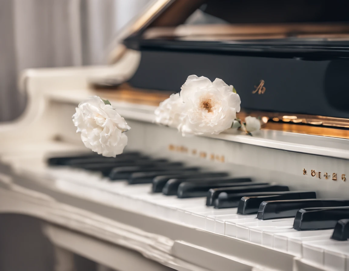 (Romantic light,Ultra-detailed:1.2)Close-up of a white grand piano,Soft focus,Bright scene,Masterpiece:1.2,White tones,Emotions, Emotions,Chinese painting style,Luxury materials,high resolution,Portrait,Classic composition,Piano melody