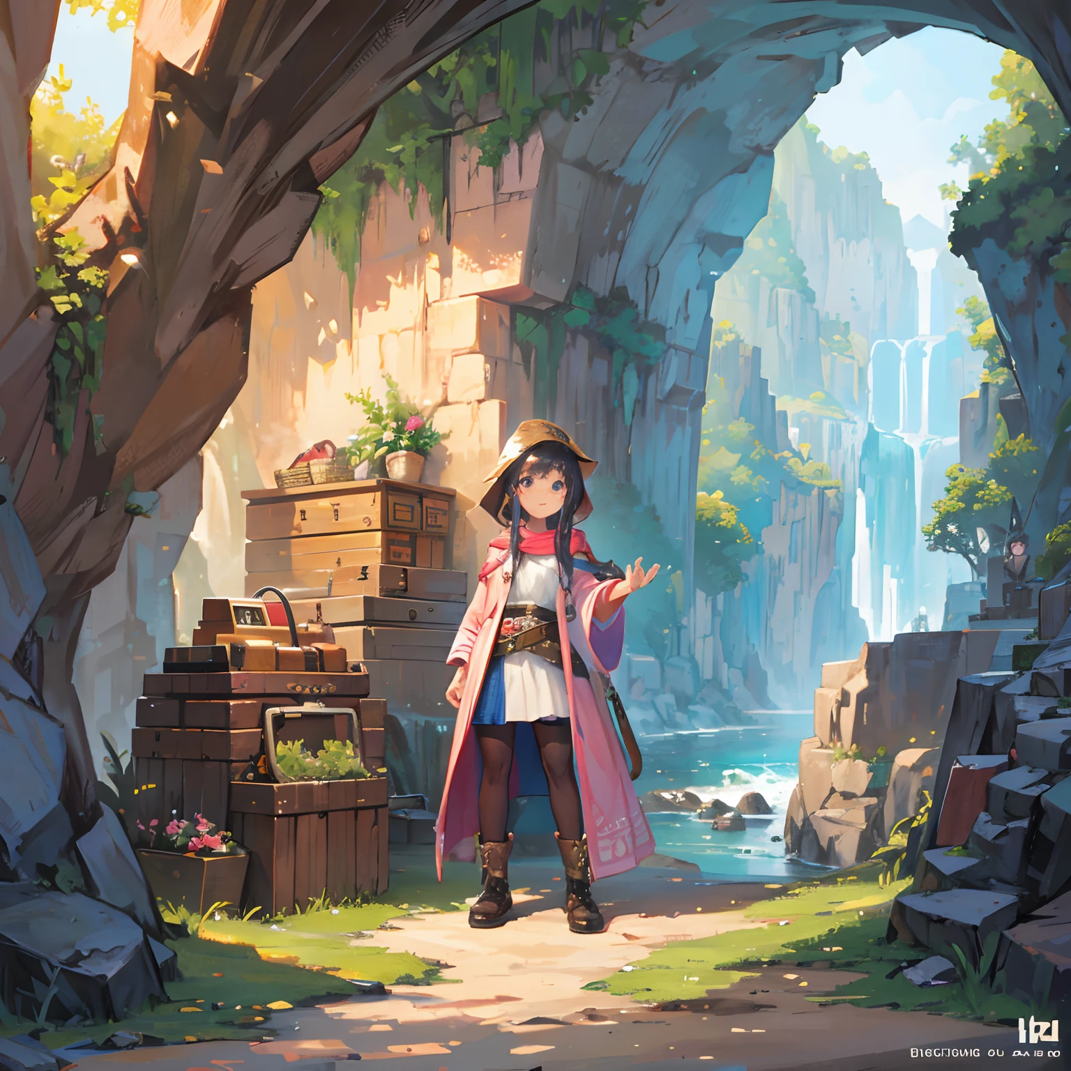 pixel art, an open treasure chest in a cave