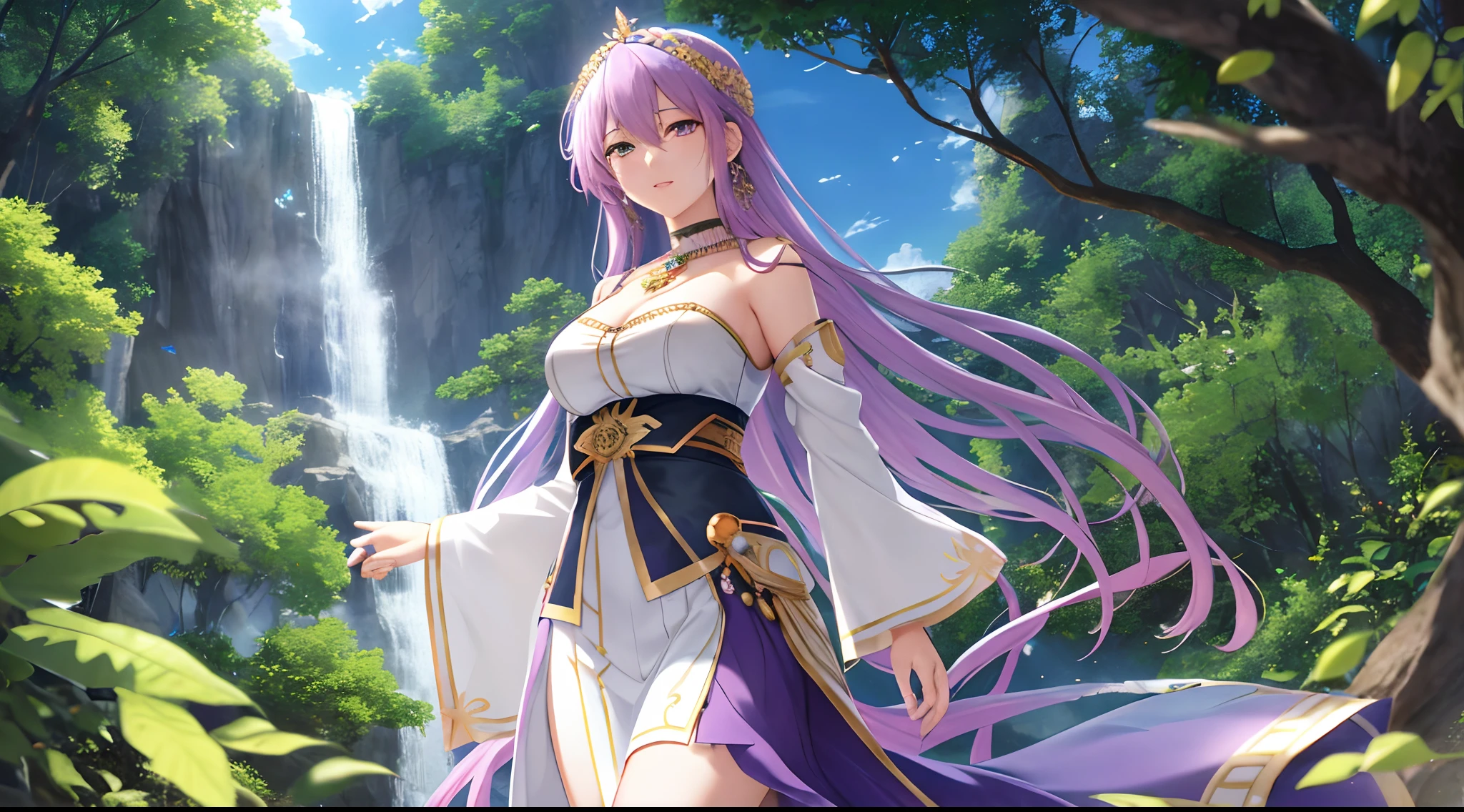 Athena with plain long light purple hair,hair between eyes,green eyes,rosy cheeks,full lips,thin eyebrows,slender body,wearing ruby crystals armor and full long skirt,praying beads on neck,beads on neck,cute anime girl,full body,cobblestone streets lush greenery in background,anime style,Lumen Reflections,Screen Space Reflections,Diffraction Grading,Chromatic Aberration,GB Displacement,Scan Lines,Ray Traced,Anti-Aliasing,FXAA,TXAA,RTX,SSAO,Shaders,OpenGL-Shaders, GLSL-Shaders,Post Processing,Post-Production,cell Shading,Tone Mapping,CGI,VFX,SFX,insanely detailed and intricate, 4K,standing, solo, masterpiece, best quality, detailed face, detailed eyes, highres, standing, solo,masterpiece, best quality