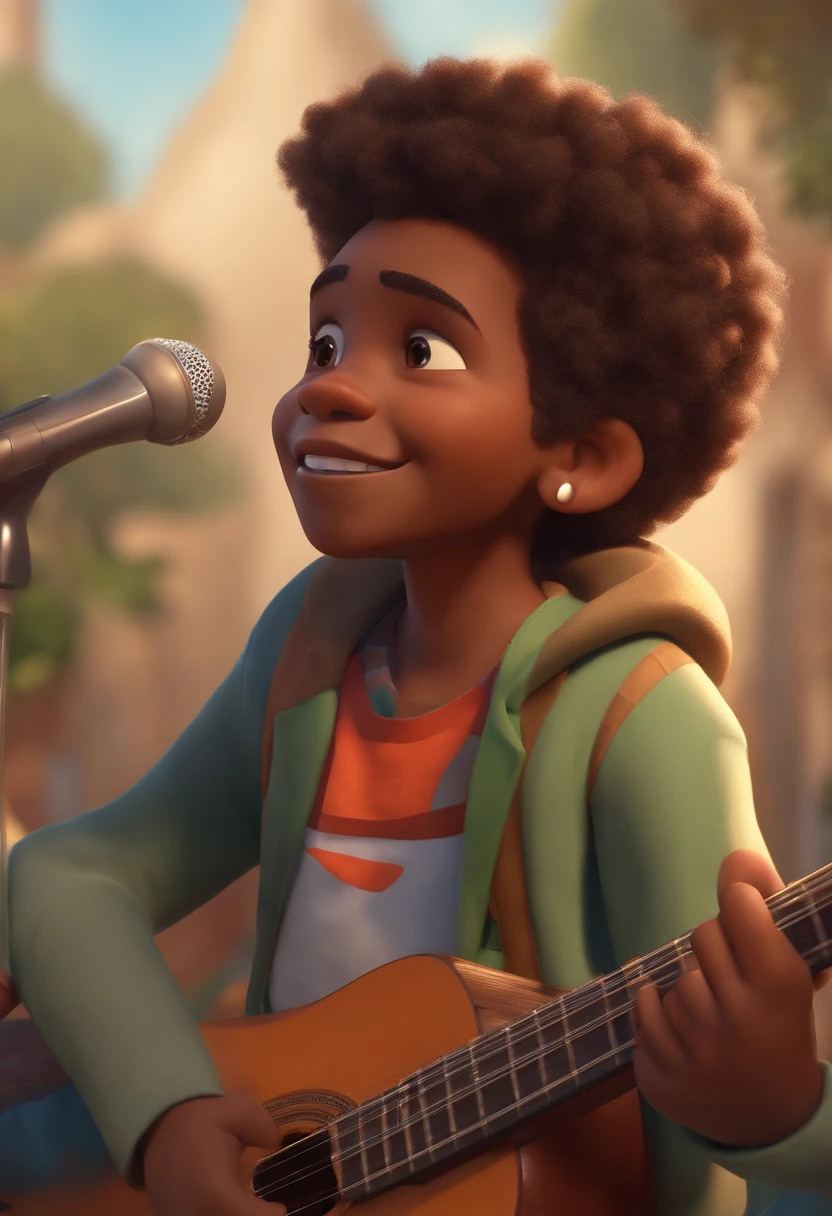 crie um banner no estilo Pixar. A boy with African features, moreno pardo com cabelos curtos, pretos escuros, Curly and slightly grayish appearance, mas jovem, usando uma camiseta, Wearing jeans and holding a classical guitar with 7 strings.