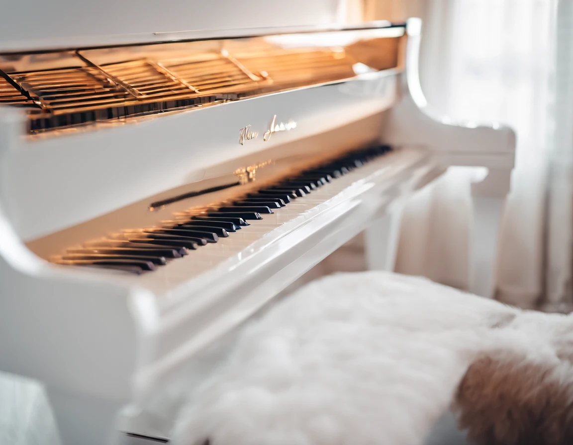 (Romantic light,Ultra-detailed:1.2)Close-up of a white grand piano,Soft focus,Bright scene,Masterpiece:1.2,White tones,Emotions, Emotions,Chinese painting style,Luxury materials,high resolution,Portrait,Classic composition,Piano melody