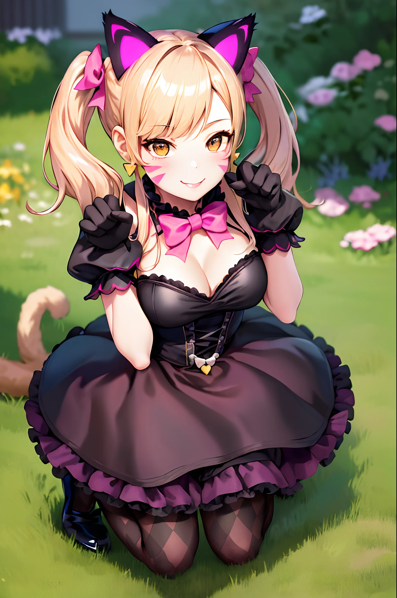 masterpiece, best quality, highres, ddhana, blonde hair, twintails, hair bow, animal ears, whisker markings, heart earrings, cat tail, bowtie, pink bow, cleavage, gothic, black dress, short sleeves, puffy sleeves, black gloves, purple skirt, argyle, pantyhose, garden, paw pose, smile,