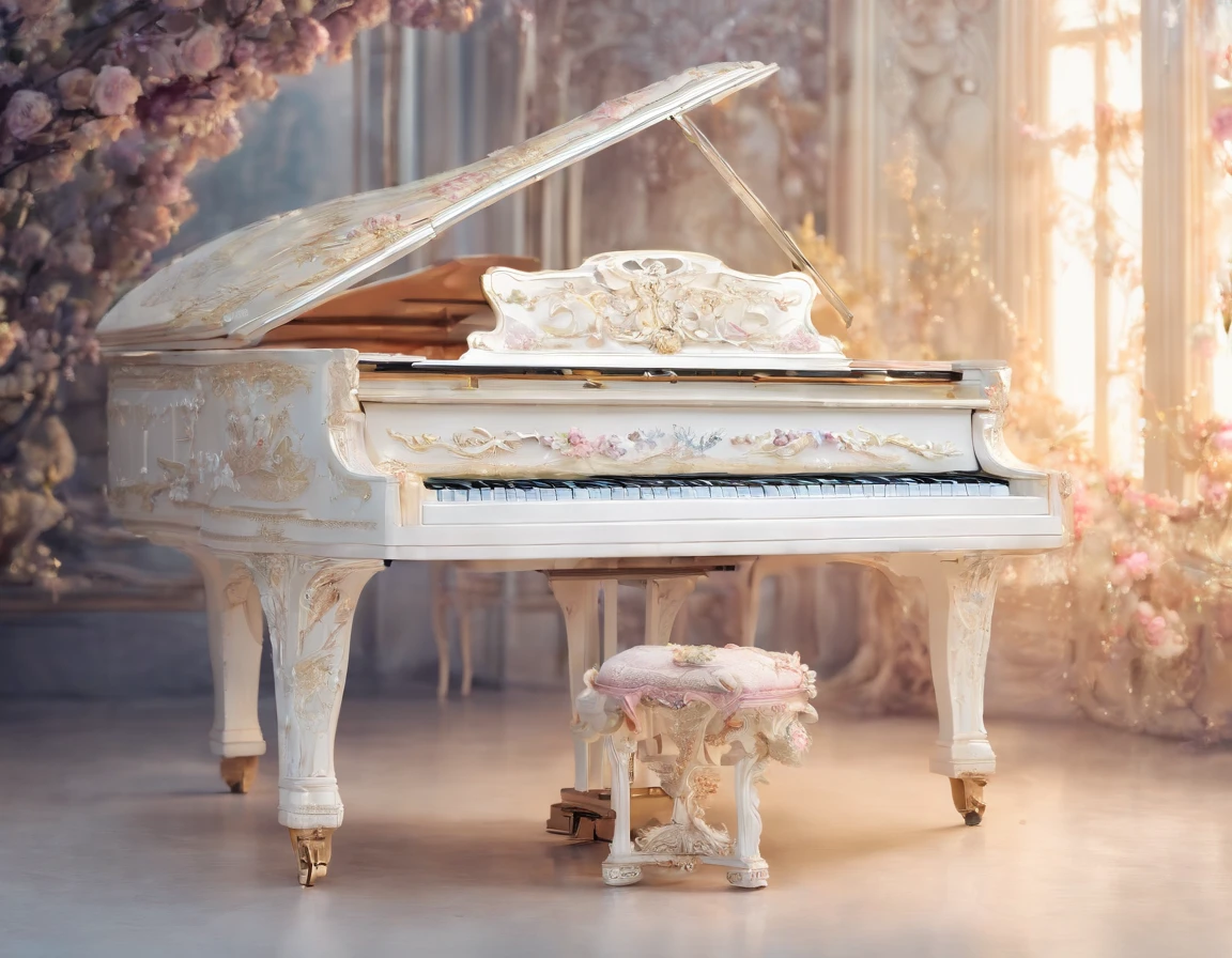 (Romantic light,Ultra-detailed:1.2)Close-up of a white grand piano,Soft focus,Bright scene,Masterpiece:1.2,White tones,Emotions, Emotions,Chinese painting style,Luxury materials,high resolution,Portrait,Classic composition,Piano melody