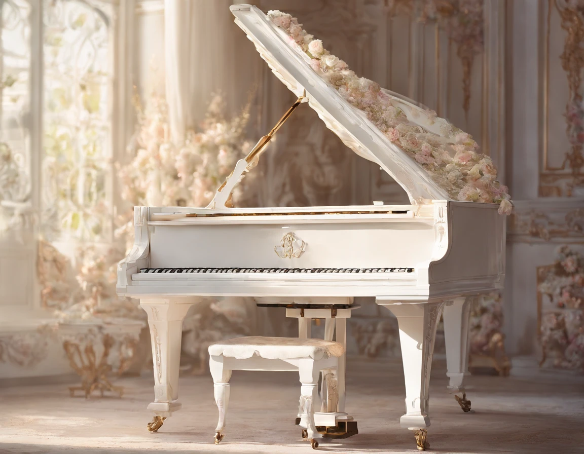 (Romantic light,Ultra-detailed:1.2)Close-up of a white grand piano,Soft focus,Bright scene,Masterpiece:1.2,White tones,Emotions, Emotions,Chinese painting style,Luxury materials,high resolution,Portrait,Classic composition,Piano melody