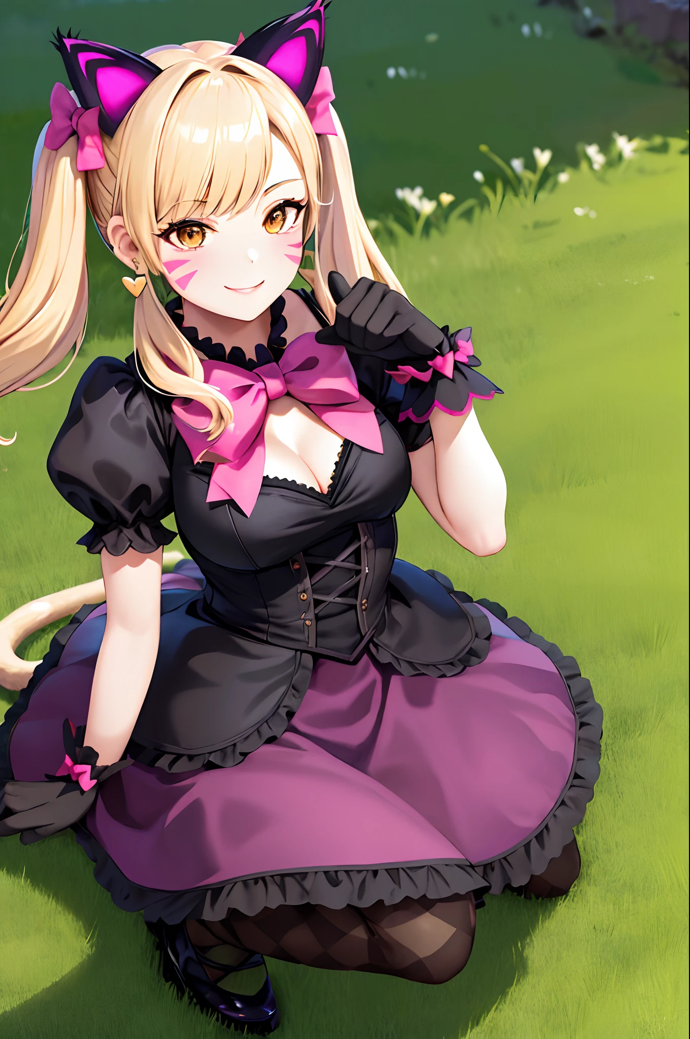 masterpiece, best quality, highres, ddhana, blonde hair, twintails, hair bow, animal ears, whisker markings, heart earrings, cat tail, bowtie, pink bow, cleavage, gothic, black dress, short sleeves, puffy sleeves, black gloves, purple skirt, argyle, pantyhose, garden, paw pose, smile,