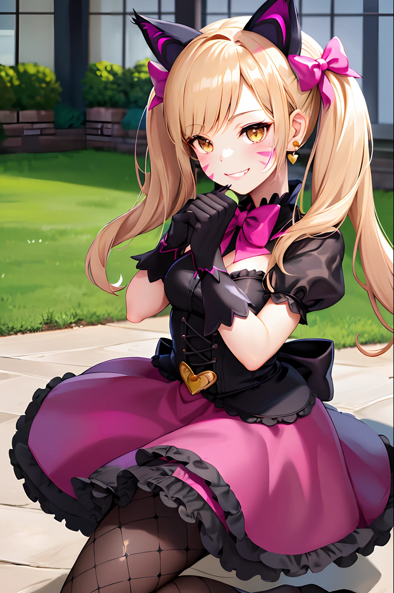 masterpiece, best quality, highres, ddhana, blonde hair, twintails, hair bow, animal ears, whisker markings, heart earrings, cat tail, bowtie, pink bow, cleavage, gothic, black dress, short sleeves, puffy sleeves, black gloves, purple skirt, argyle, pantyhose, garden, paw pose, smile,