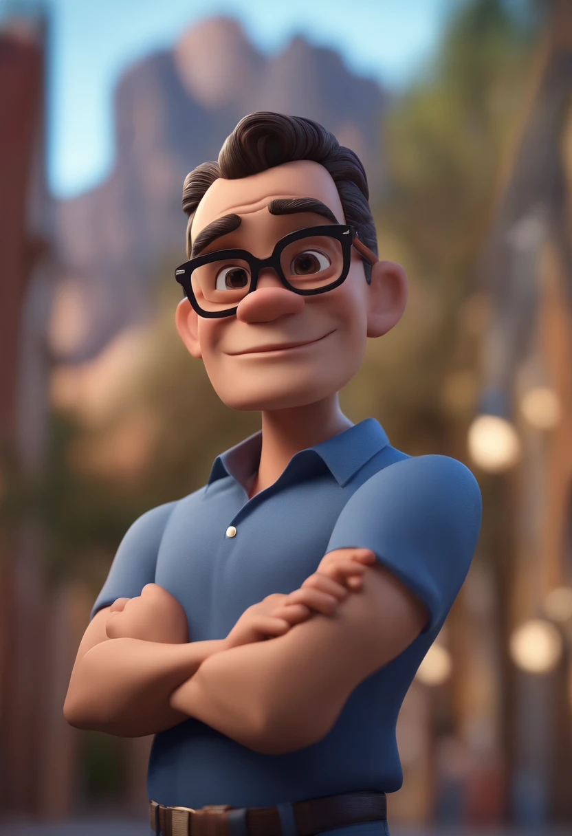 Cartoon character of a man with black glasses and a blue shirt, animation character, Caractere estilizado, animation style rendering, 3D estilizado, Arnold Maya render, 3 d render stylized, toon render keyshot, Personagem 3D, Personagem 3D, 3d rendering stylized, 3 d character render, personagem de desenho animado, Personagem de close up, Pose de personagem, (Estilo Pixar) (master part:1.2) (Bokeh) (best quality) (pele detalhada) (textura detalhada) (8k) (argila) (Cinematic lighting) (foco nítido